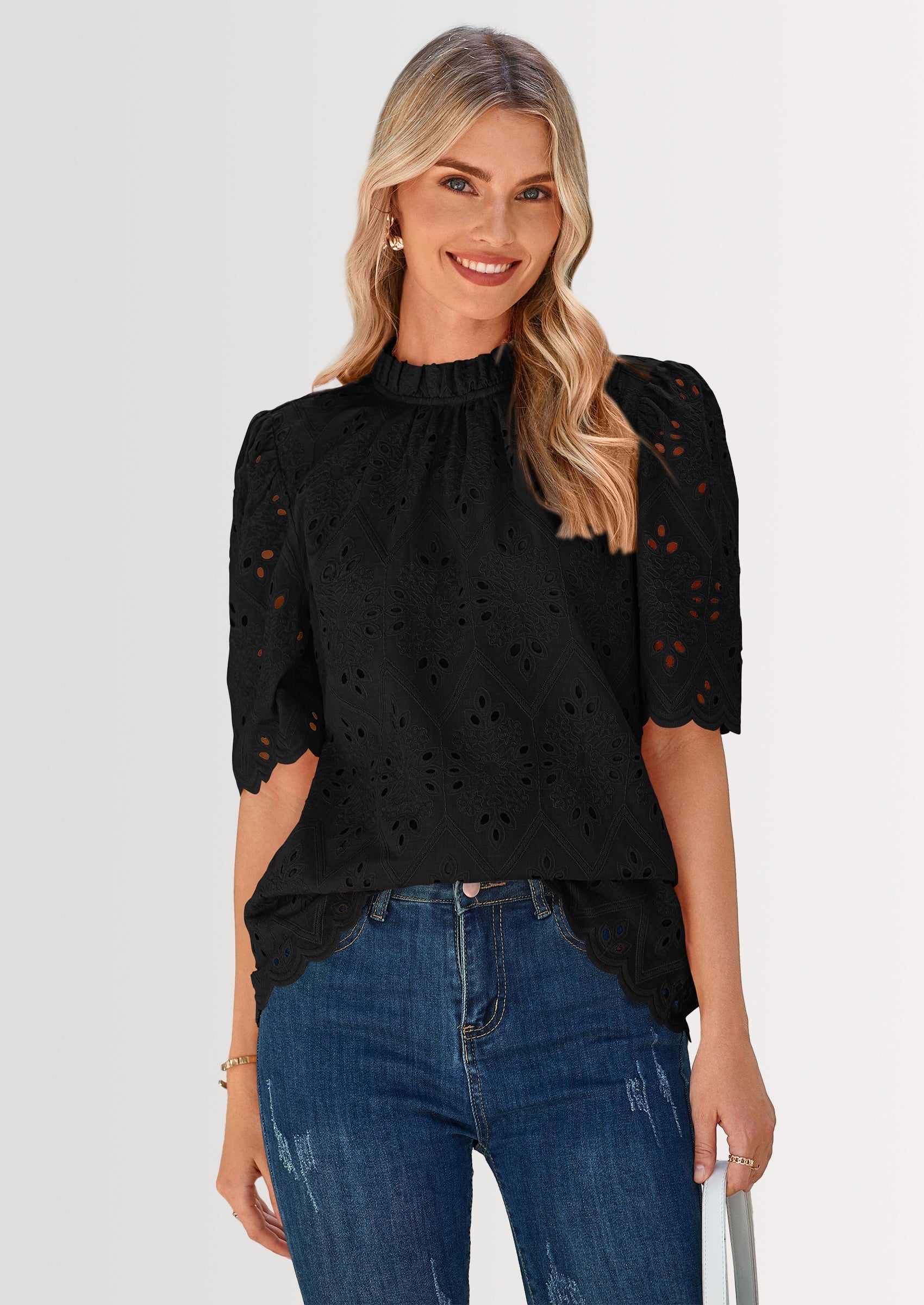 Womens Summer Tops Trendy Short Sleeve Eyelet Embroidered Dressy Casual Blouse Shirts