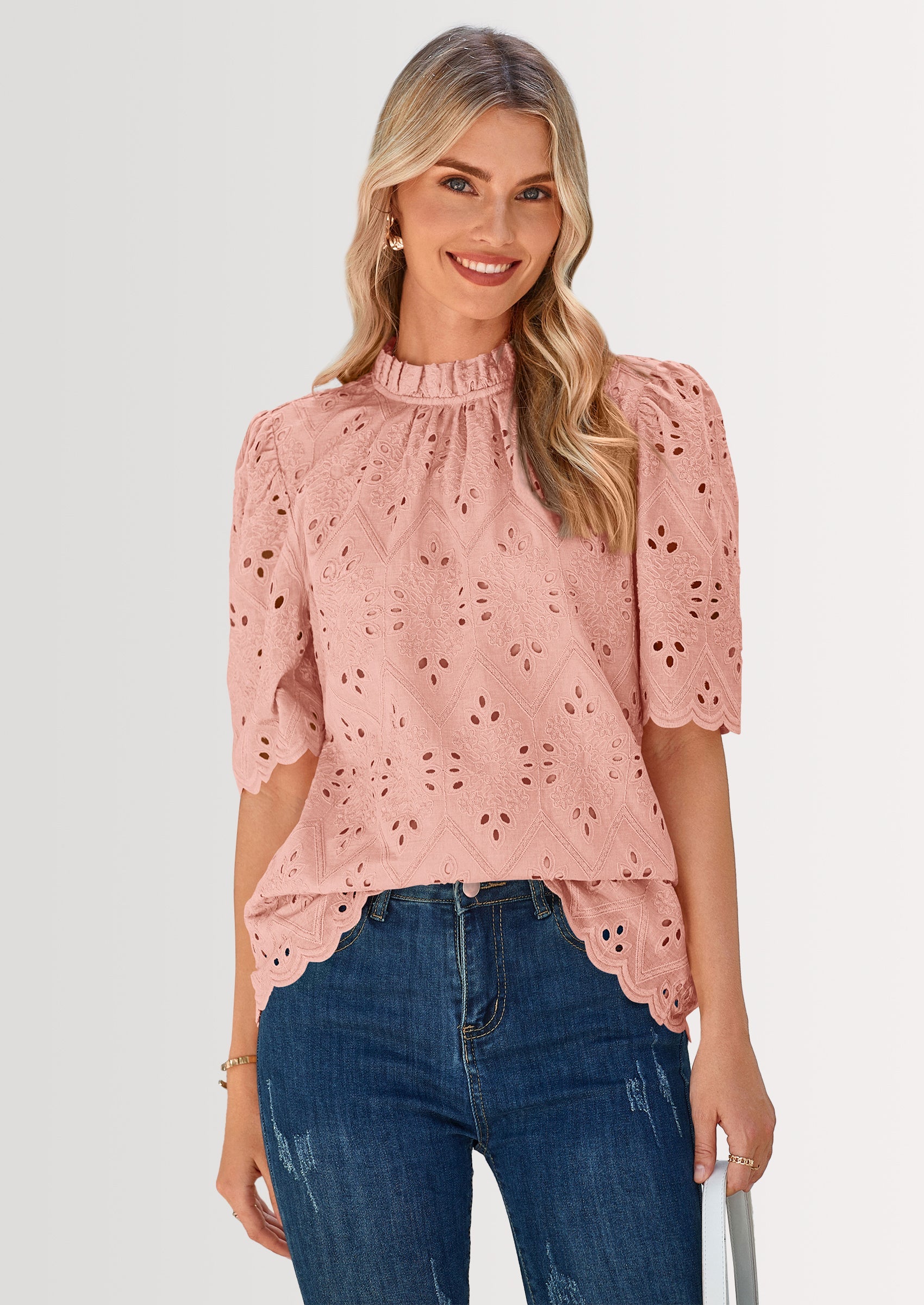 Womens Summer Tops Trendy Short Sleeve Eyelet Embroidered Dressy Casual Blouse Shirts