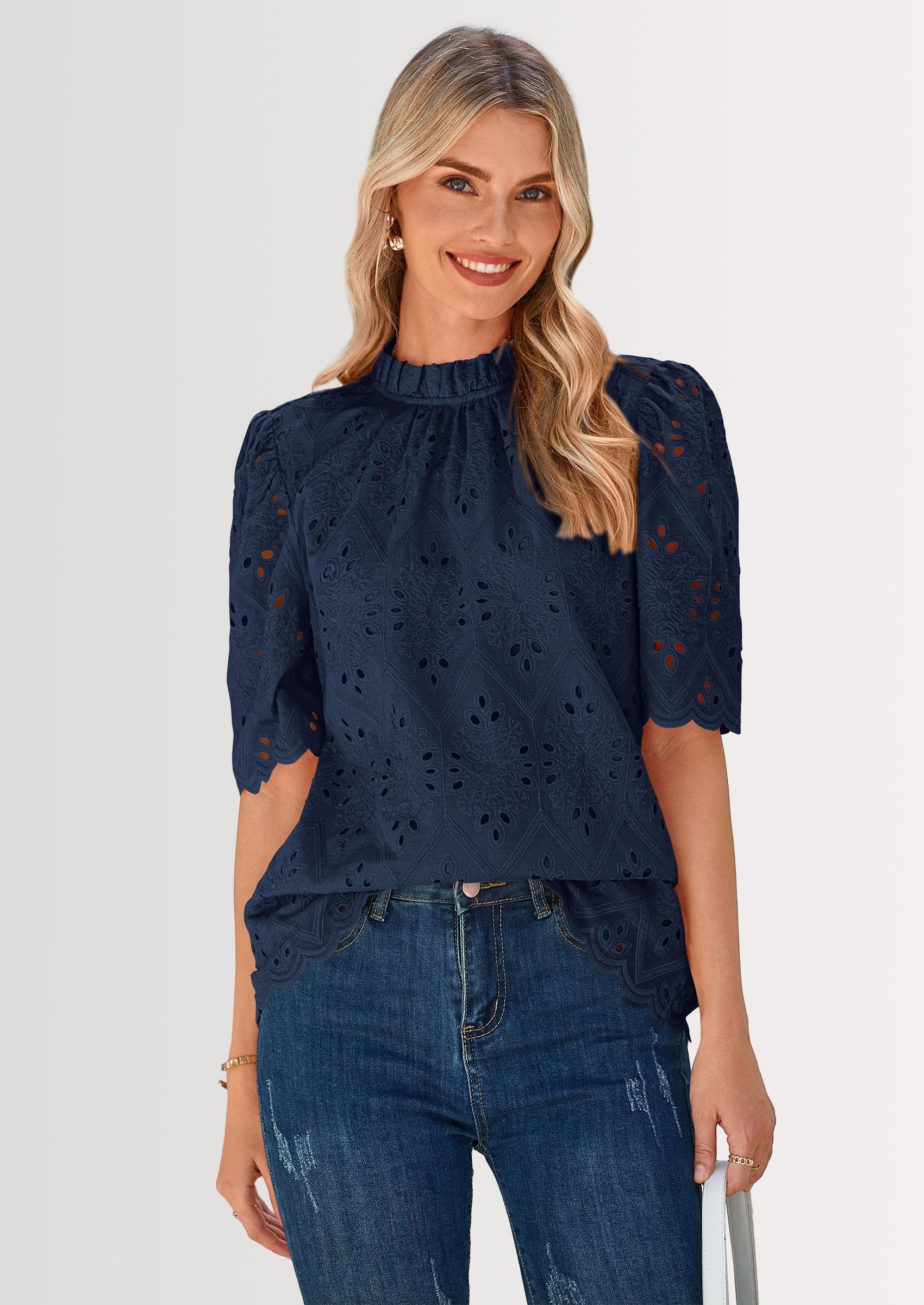 Womens Summer Tops Trendy Short Sleeve Eyelet Embroidered Dressy Casual Blouse Shirts