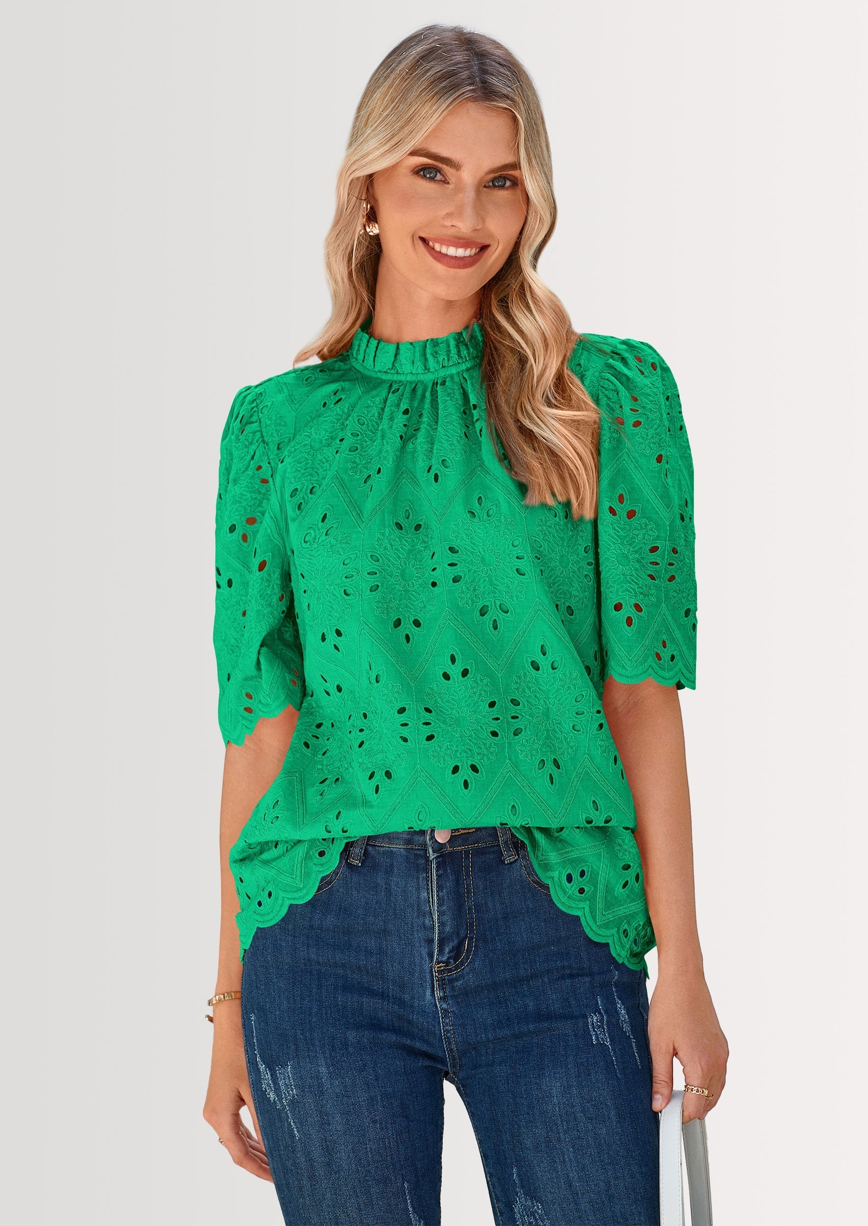 Womens Summer Tops Trendy Short Sleeve Eyelet Embroidered Dressy Casual Blouse Shirts