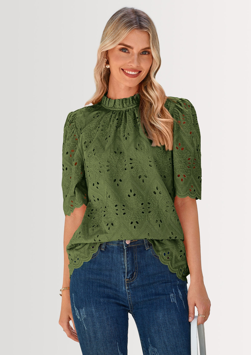 Womens Summer Tops Trendy Short Sleeve Eyelet Embroidered Dressy Casual Blouse Shirts