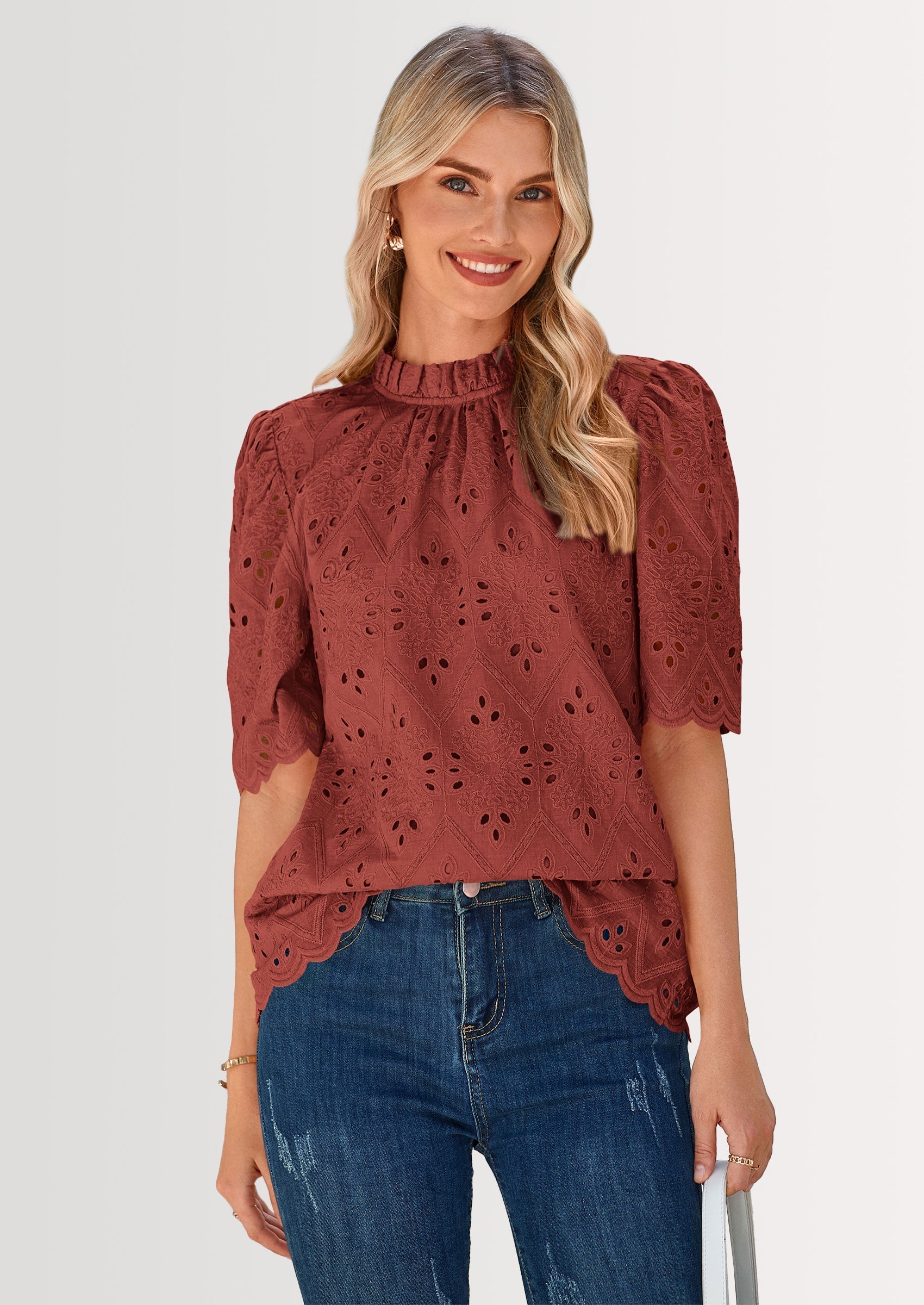 Womens Summer Tops Trendy Short Sleeve Eyelet Embroidered Dressy Casual Blouse Shirts