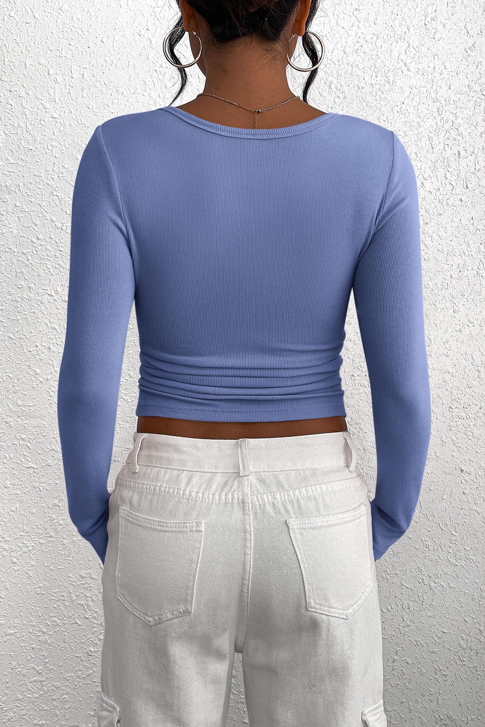 Women's Spring Fall Long Sleeve Henley T Shirts Button Ribbed Knit Slim Fit Casual Basic Tops Blouse