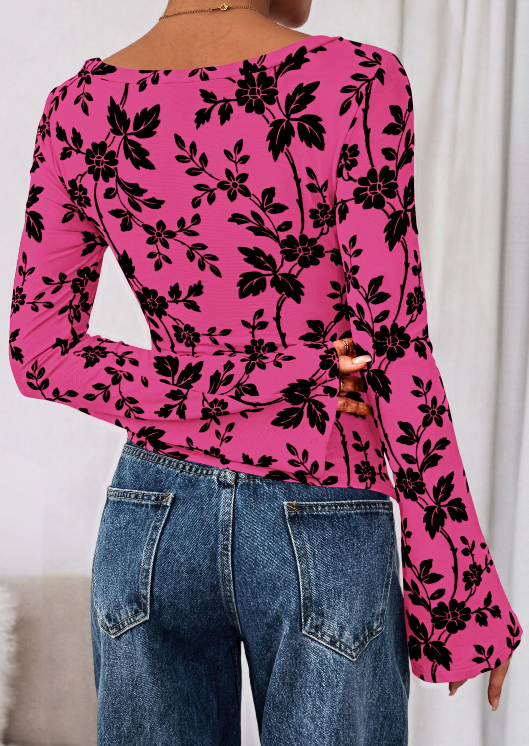 Women Long Sleeve Floral Mesh Tops Blouse  Fall Trendy Boat Neck Ruched Fitted Shirt Going Out Date Outfits