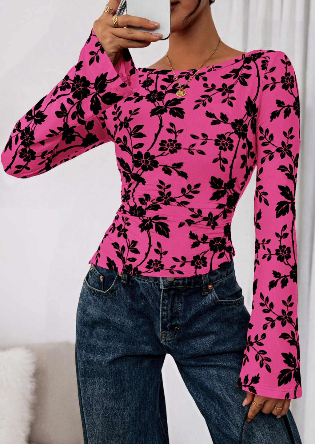 Women Long Sleeve Floral Mesh Tops Blouse  Fall Trendy Boat Neck Ruched Fitted Shirt Going Out Date Outfits