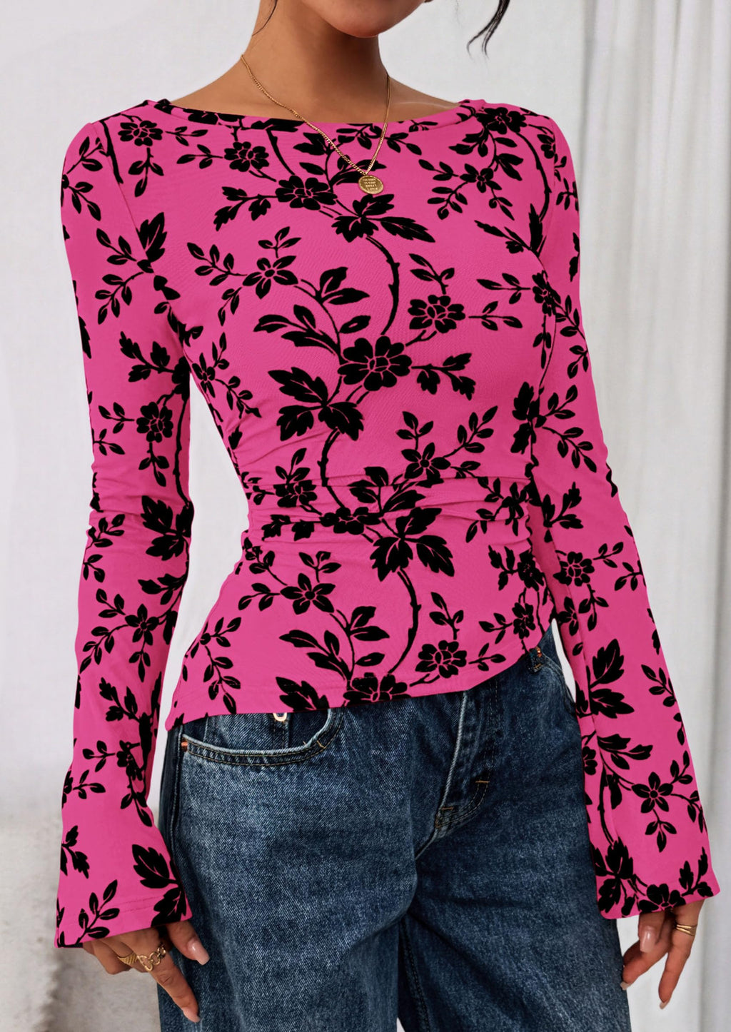 Women Long Sleeve Floral Mesh Tops Blouse  Fall Trendy Boat Neck Ruched Fitted Shirt Going Out Date Outfits