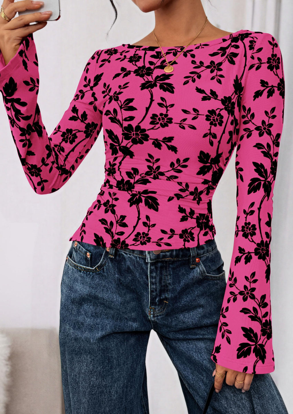 Women Long Sleeve Floral Mesh Tops Blouse  Fall Trendy Boat Neck Ruched Fitted Shirt Going Out Date Outfits