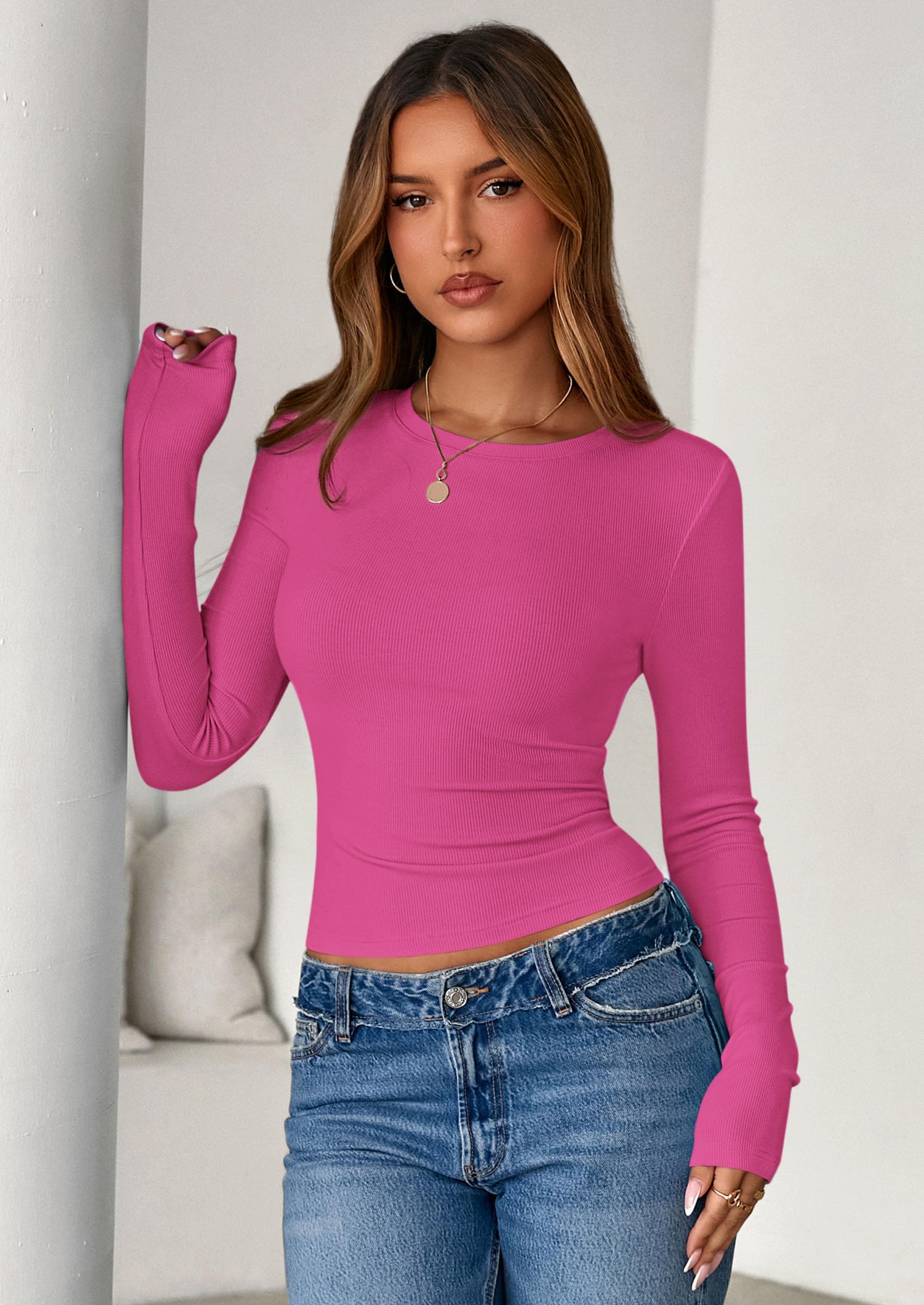 Womens Summer Fall Long Sleeve Shirts Ribbed Knit Fitted Basic Tee Going Out Tops Underscrub Casual Outfits