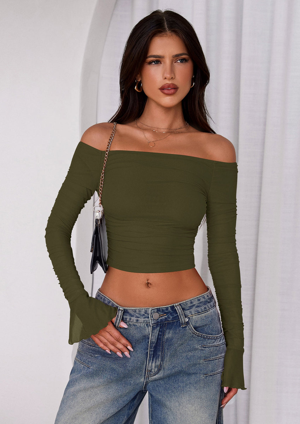 Off The Shoulder Tops for Women Trendy Ruched Mesh Slim Fit Long Sleeve Shirts Y2K Going Out Summer Outfits