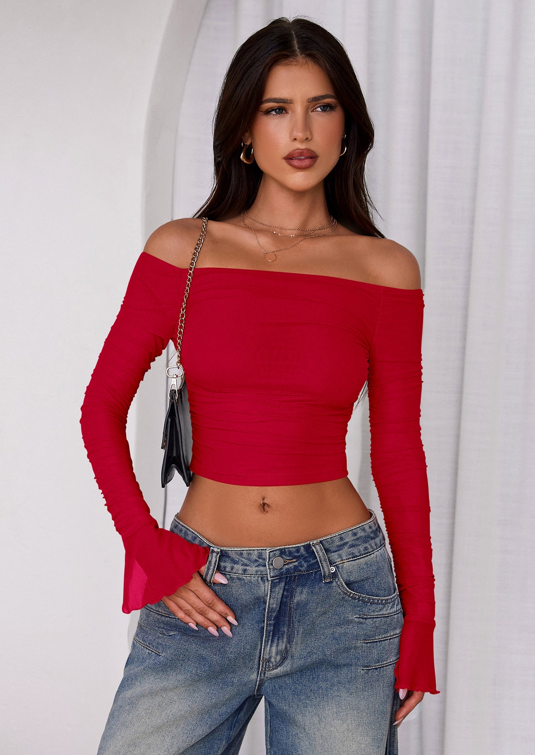 Off The Shoulder Tops for Women Trendy Ruched Mesh Slim Fit Long Sleeve Shirts Y2K Going Out Summer Outfits