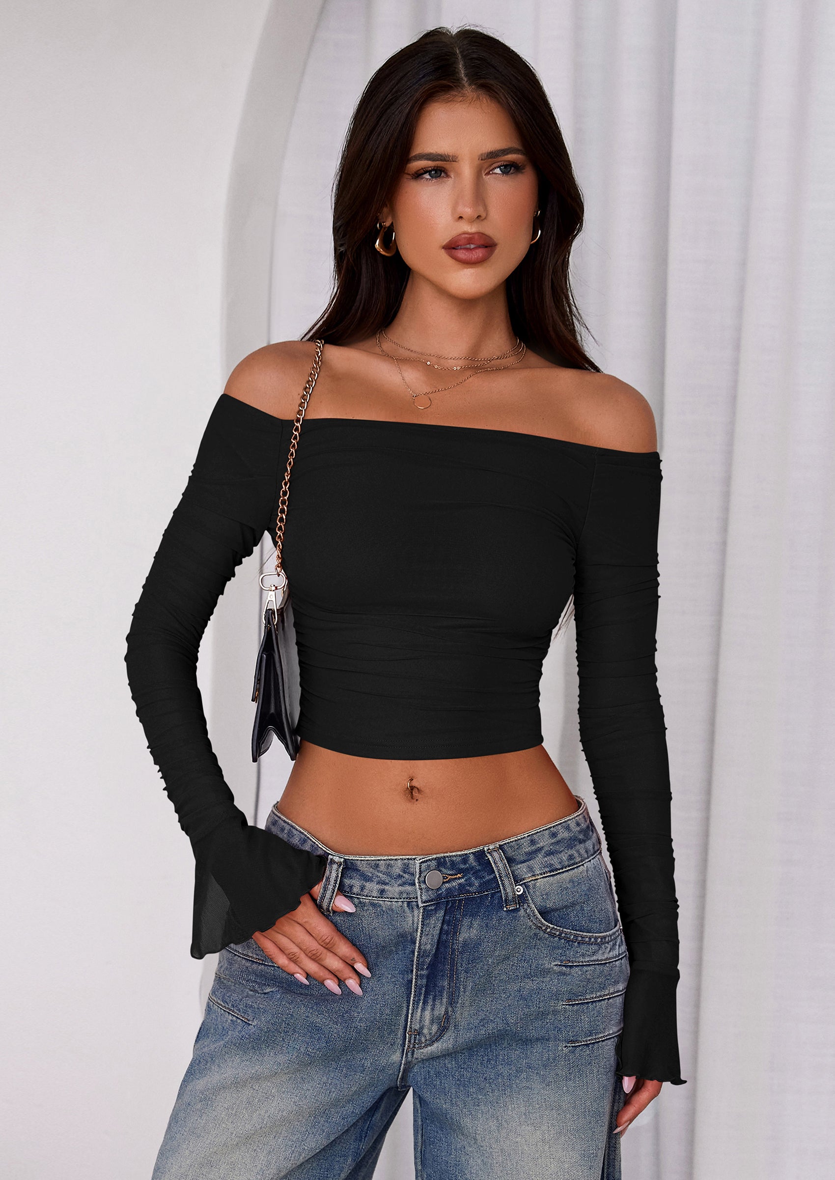 Off The Shoulder Tops for Women Trendy Ruched Mesh Slim Fit Long Sleeve Shirts Y2K Going Out Summer Outfits