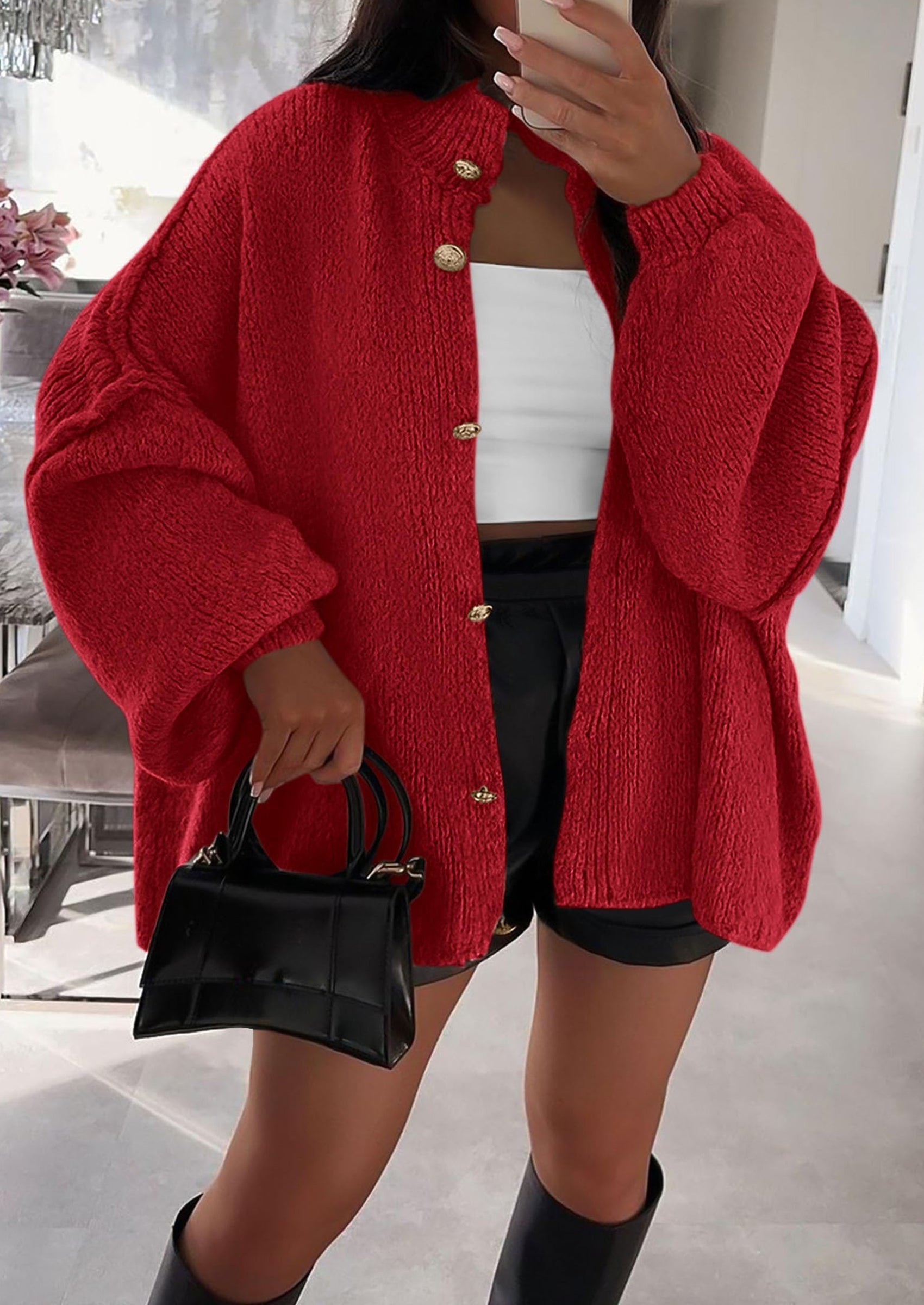 Women's Winter Button Down Cardigan Sweaters Mock Neck Lantern Long Sleeve Chunky Knit Jacket Trendy Outerwear
