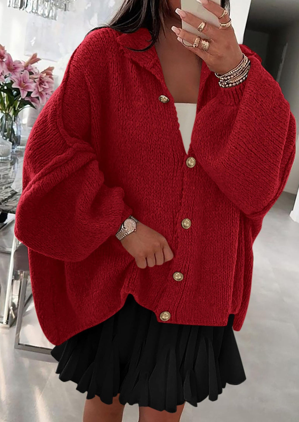 Women's Winter Button Down Cardigan Sweaters Mock Neck Lantern Long Sleeve Chunky Knit Jacket Trendy Outerwear
