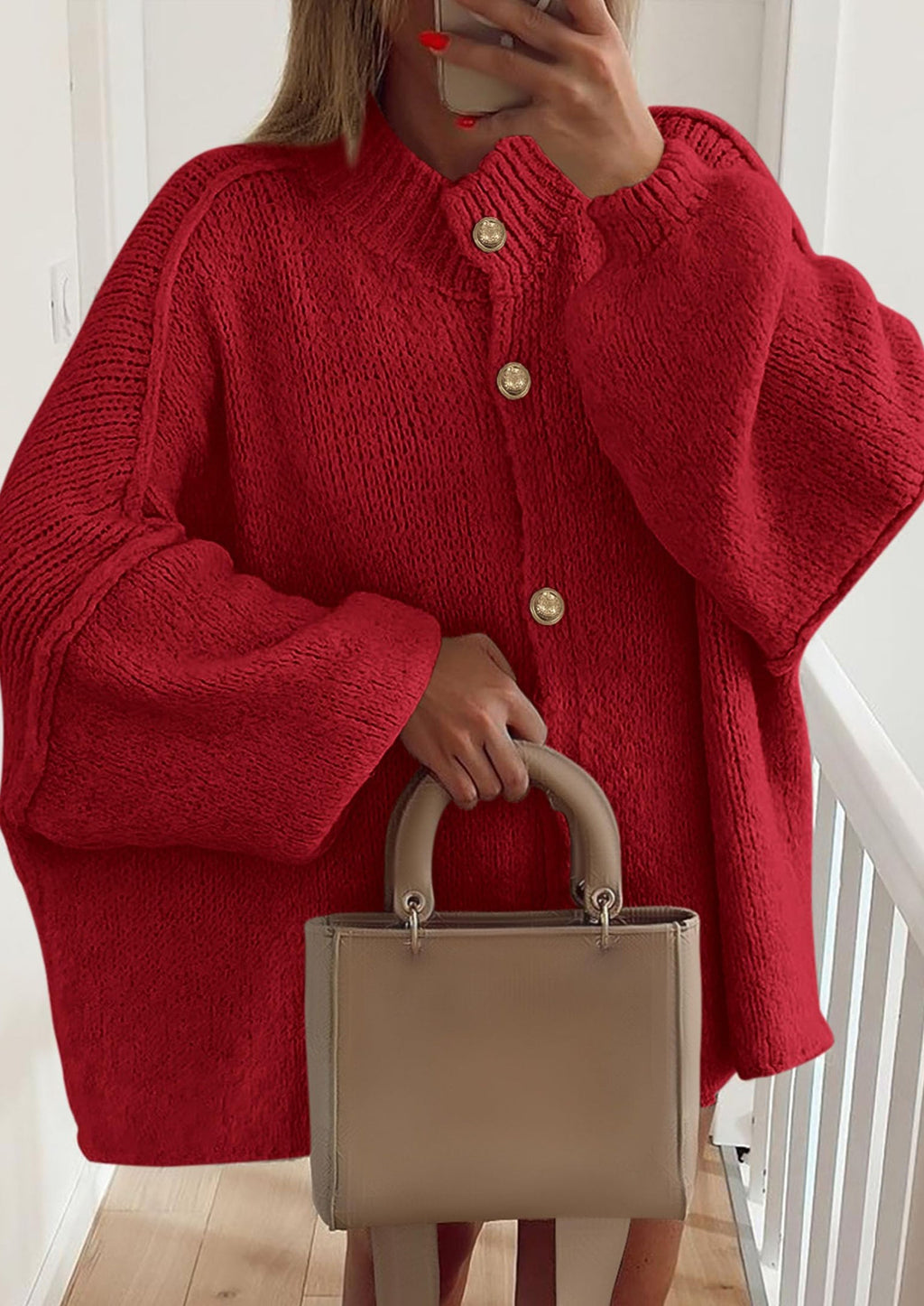 Women's Winter Button Down Cardigan Sweaters Mock Neck Lantern Long Sleeve Chunky Knit Jacket Trendy Outerwear