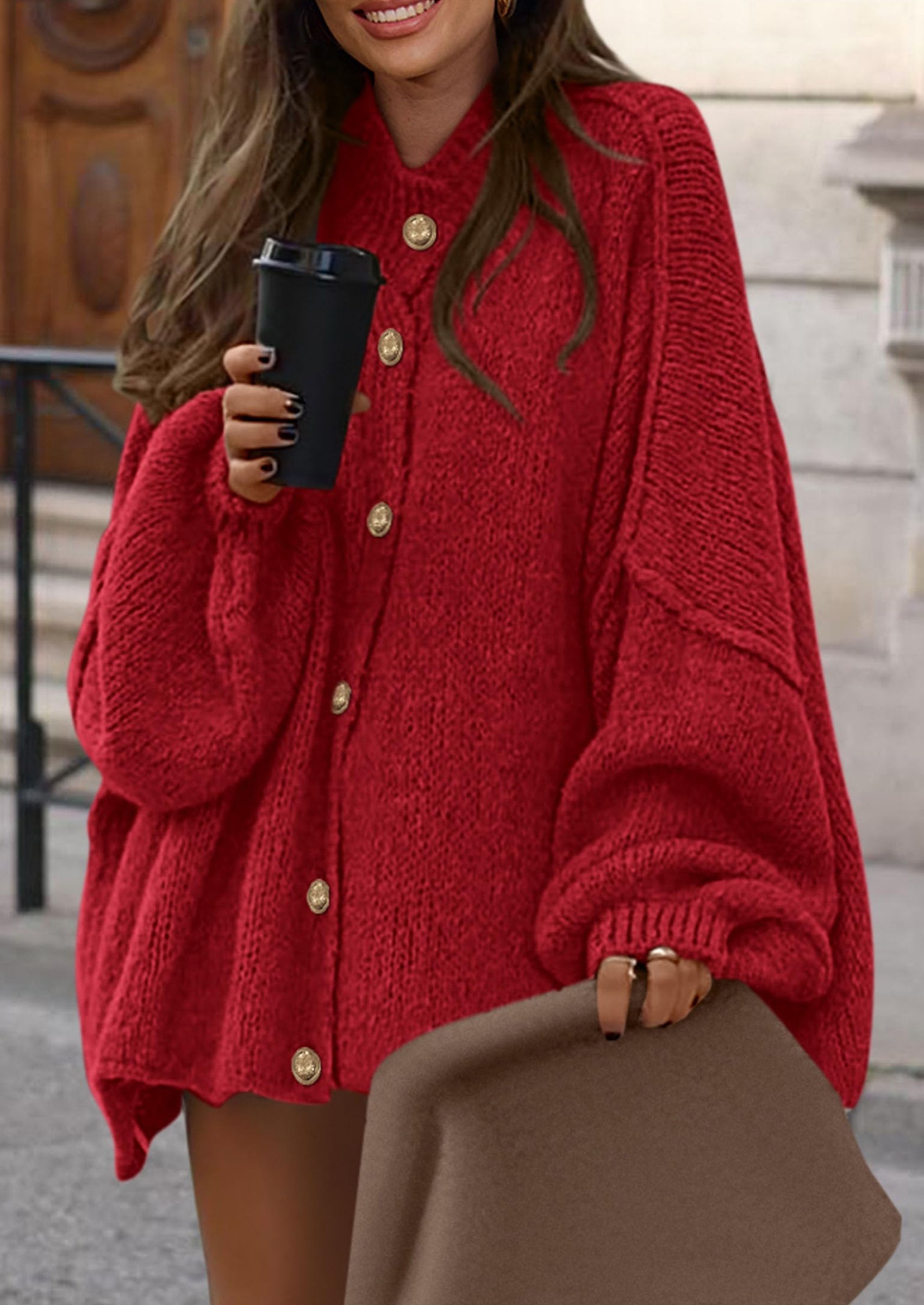 Women's Winter Button Down Cardigan Sweaters Mock Neck Lantern Long Sleeve Chunky Knit Jacket Trendy Outerwear