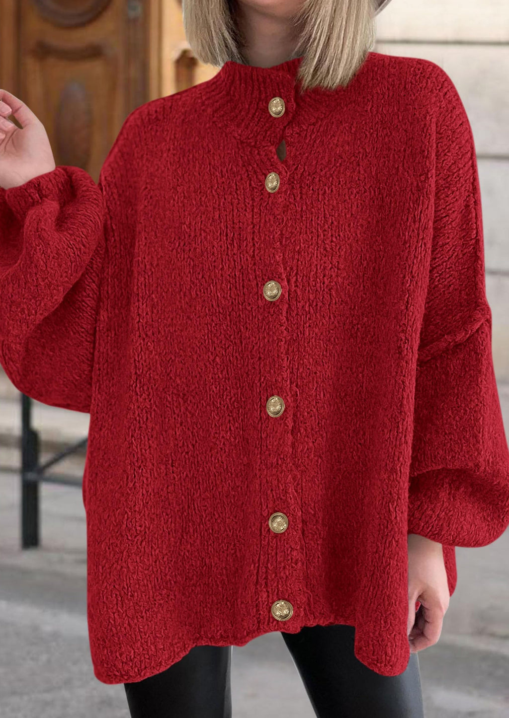 Women's Winter Button Down Cardigan Sweaters Mock Neck Lantern Long Sleeve Chunky Knit Jacket Trendy Outerwear