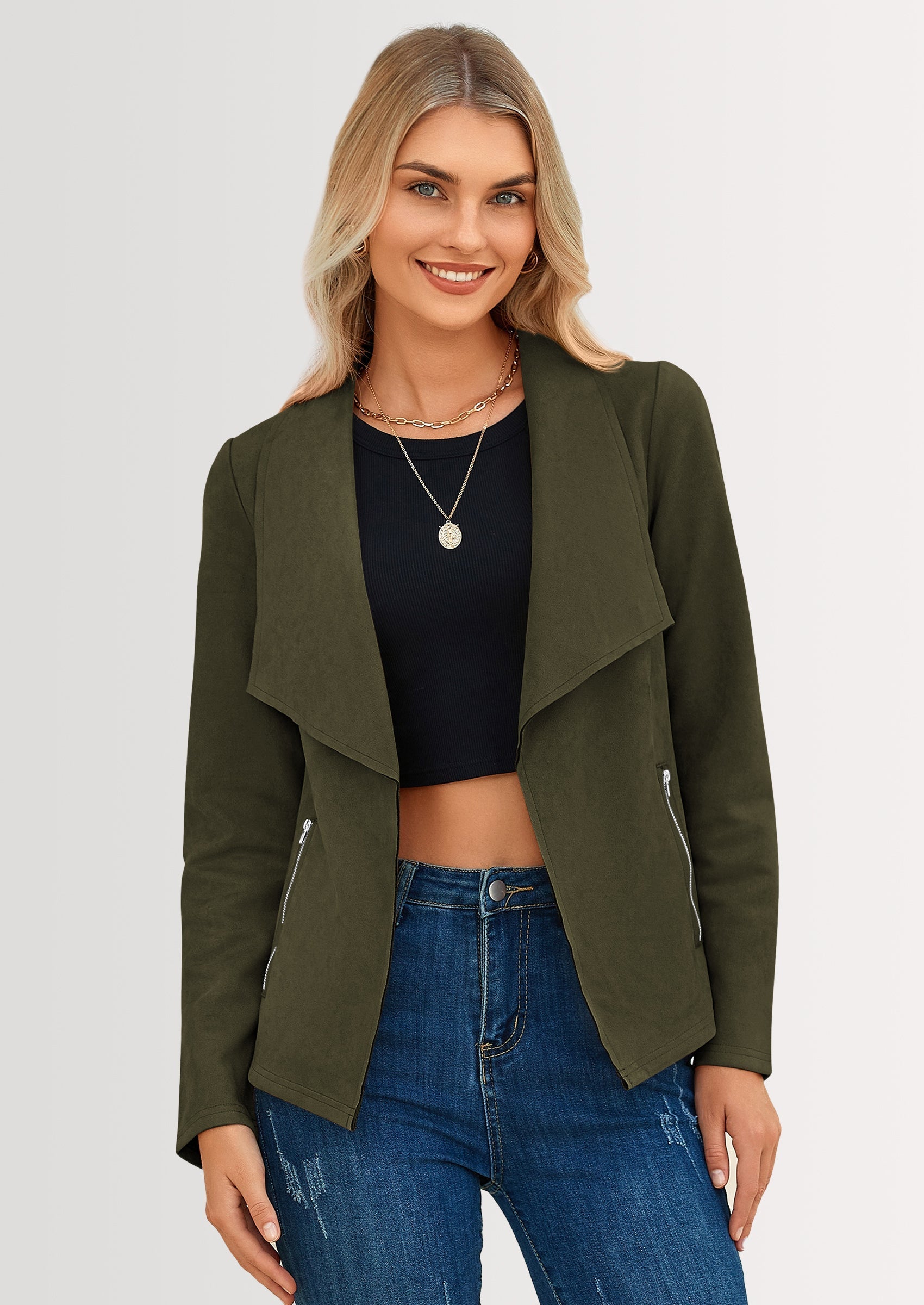 Women's Faux Suede Jackets Fashion Fall Clothes Long Sleeve Open Front Cropped Coat Outwear