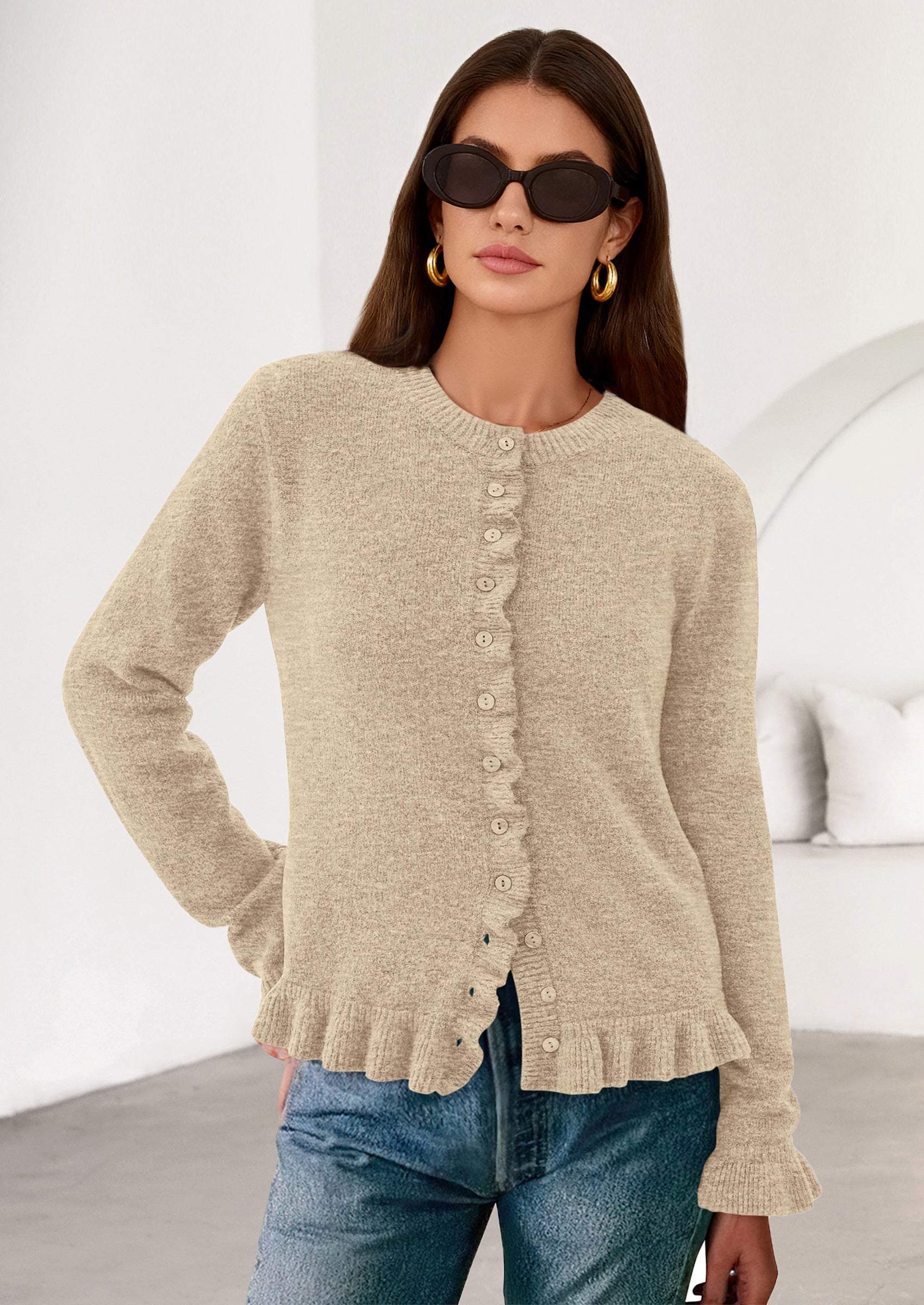 Womens Fall Button Down Cardigans Chunky Knit Ruffle Open Front Cropped Cardigan Sweaters Soft Long Sleeve Tops
