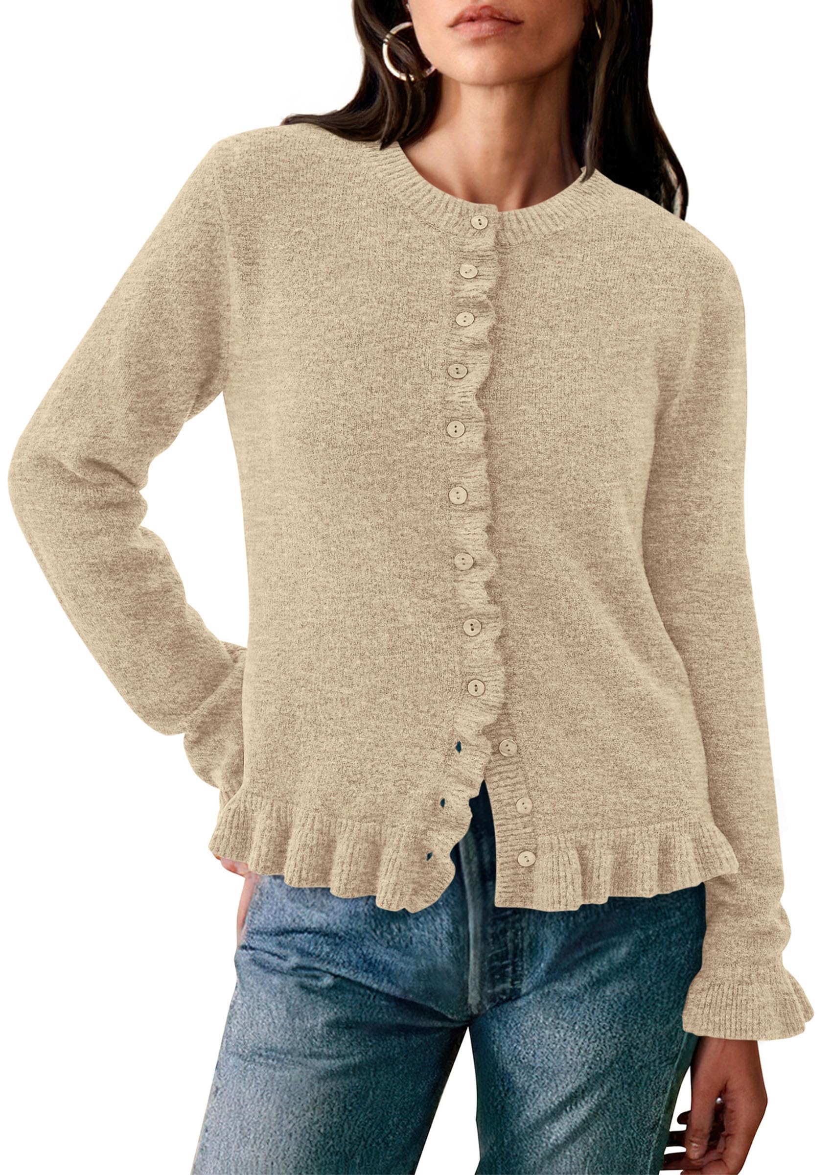 Womens Fall Button Down Cardigans Chunky Knit Ruffle Open Front Cropped Cardigan Sweaters Soft Long Sleeve Tops