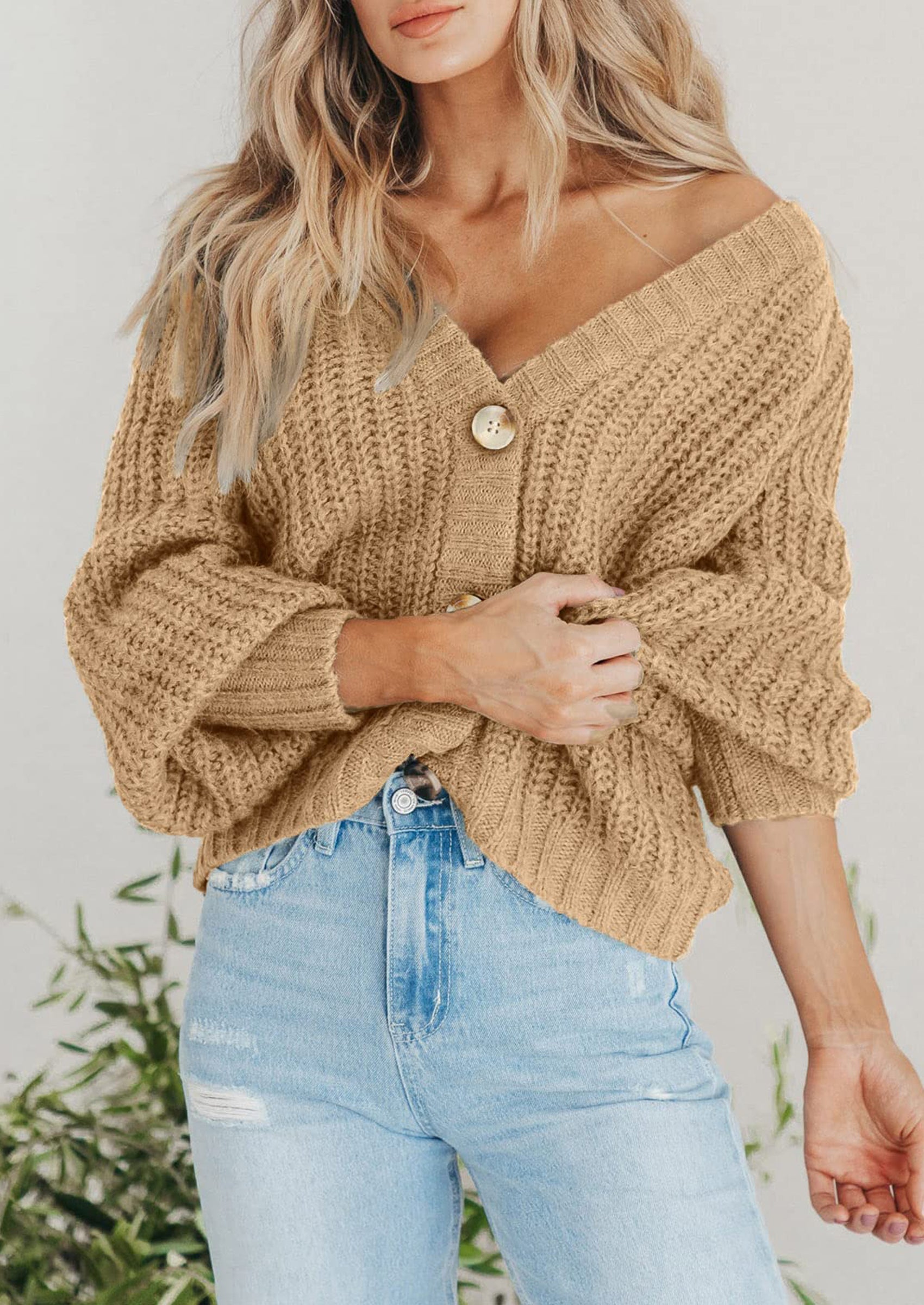 Women's Chunky Knit Open Front Sweater Long Sleeve Button Loose Short Cardigan Outerwear Coats