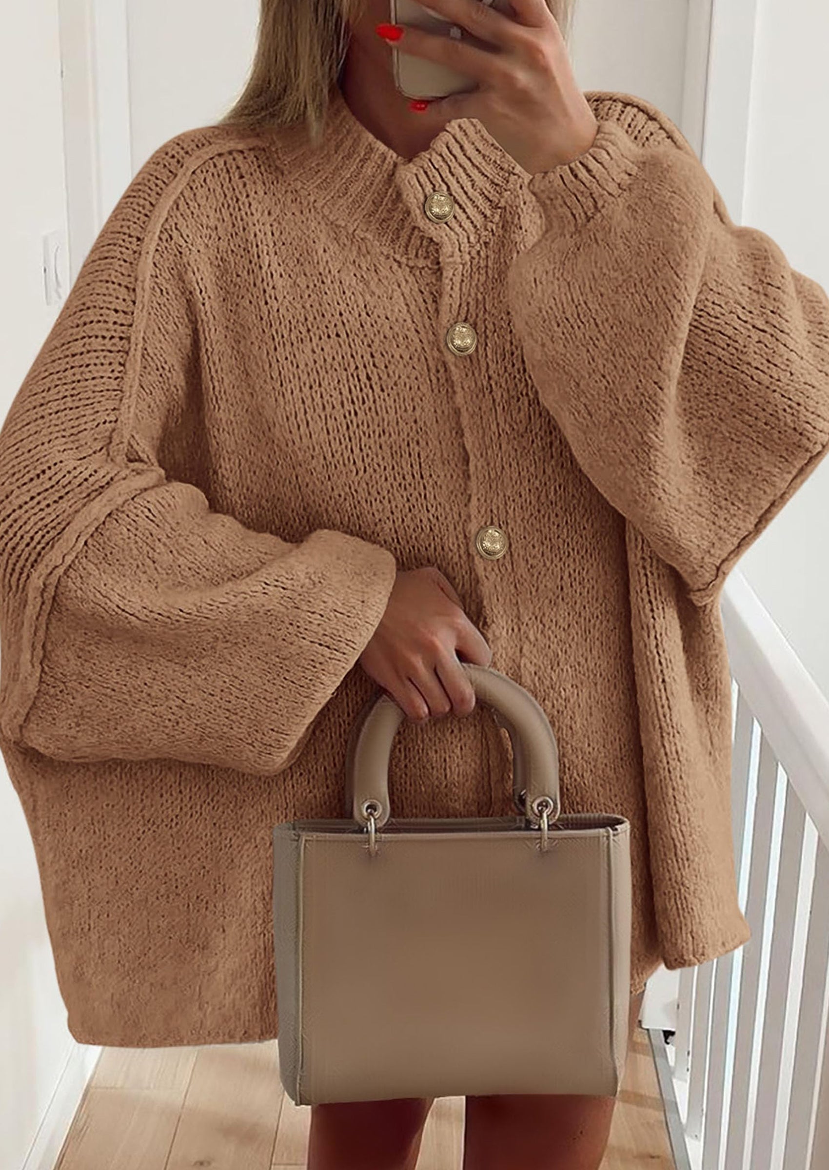 Women's Winter Button Down Cardigan Sweaters Mock Neck Lantern Long Sleeve Chunky Knit Jacket Trendy Outerwear