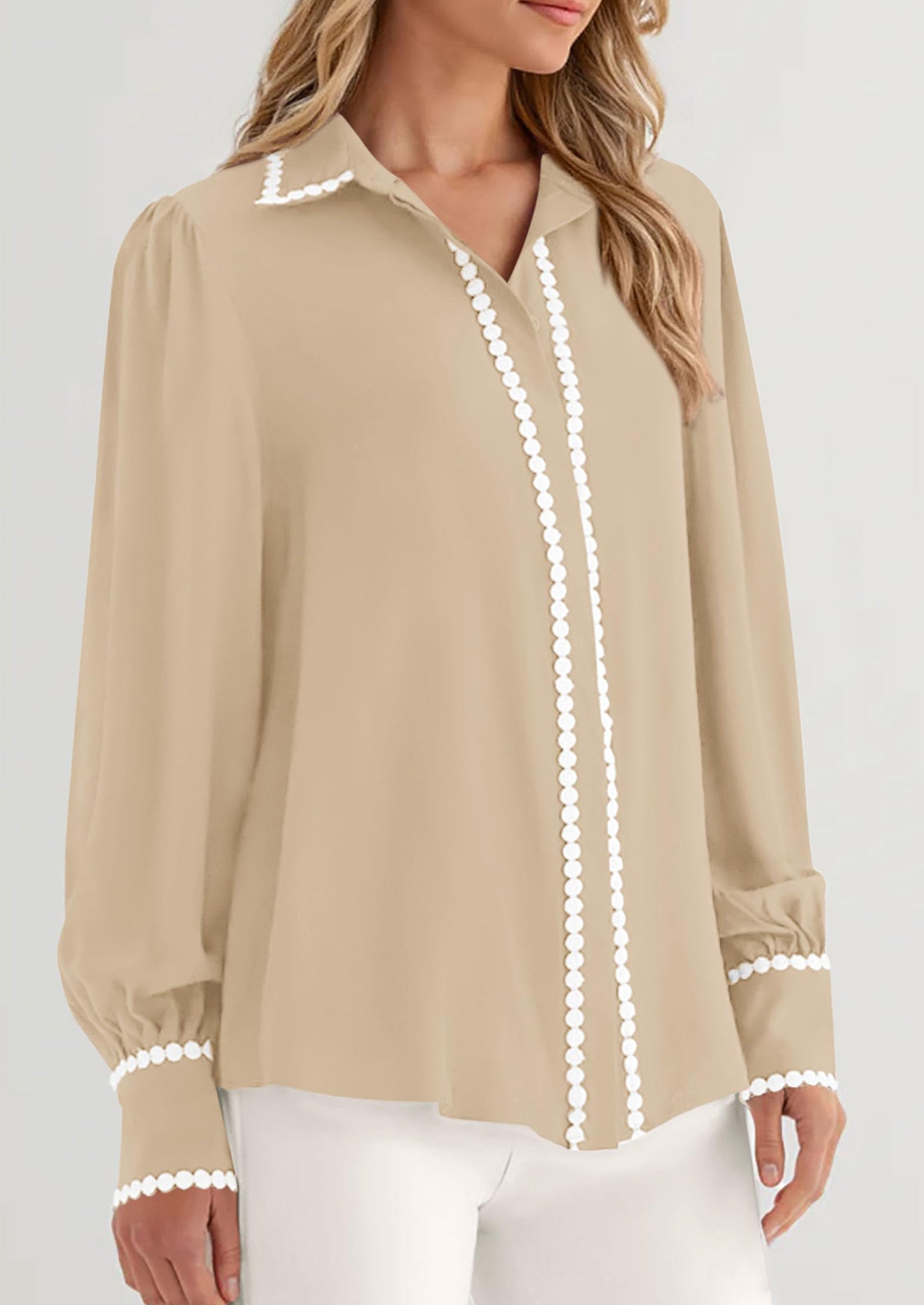 Womens Long Sleeve Button Down Shirts Trendy V Neck Loose Fit Fall Tops Collared Dressy Casual Blouses