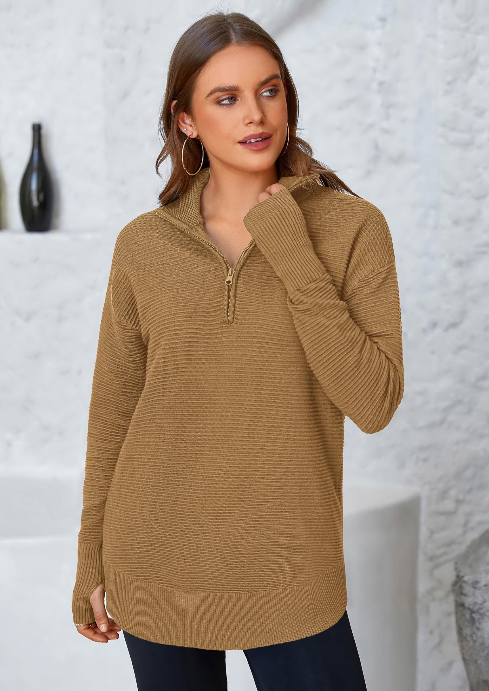 Womens Long Sleeve Quarter Zip Pullover Sweater Casual Loose V Neck Collared Ribbed Knit Jumper Tops Thumb Hole
