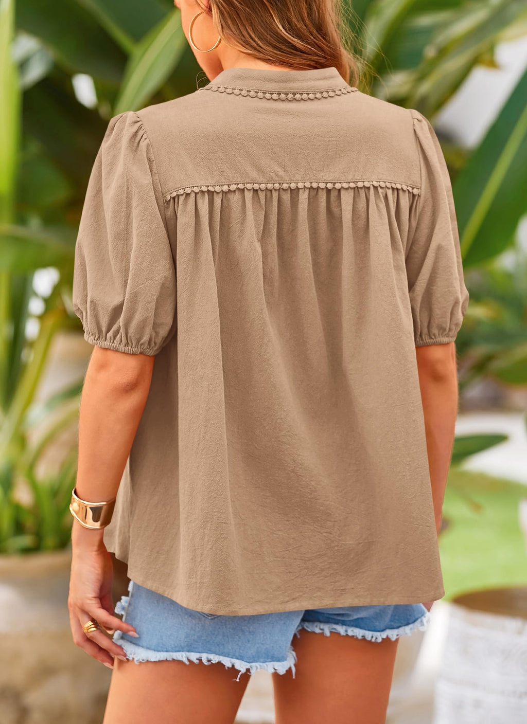 Women's Summer Tops Button Down Shirts Short Lantern Sleeve V Neck Cotton Cute Dressy Casual Blouses