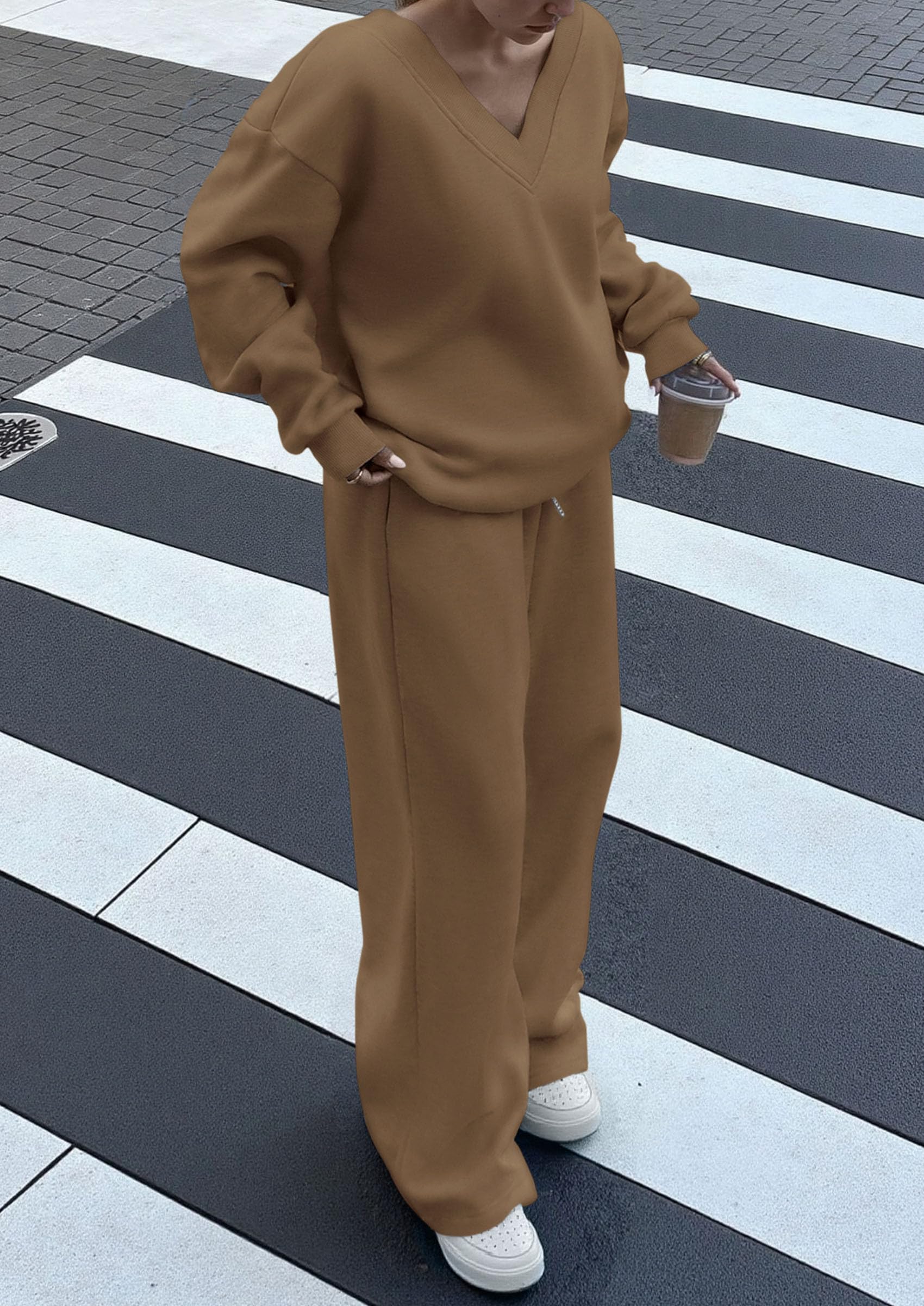 Casual Winter Two Piece Sets for Women V Neck Sweatshirt Loose Wide Leg Pants Tracksuit Knit Fall Outfits