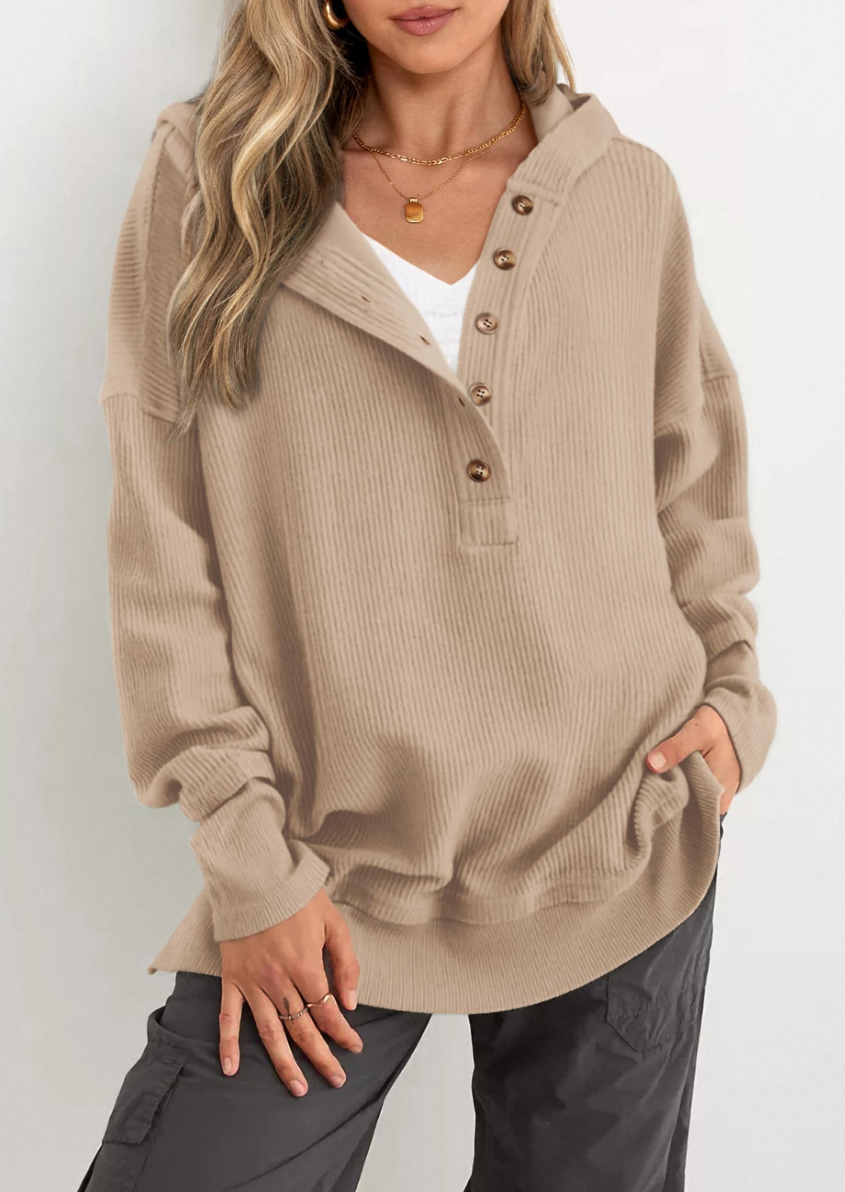 Womens Fashion Oversized Long Sleeve Hoodie Button Down V Neck Sweatshirt Side Slit Casual Pullover Tops