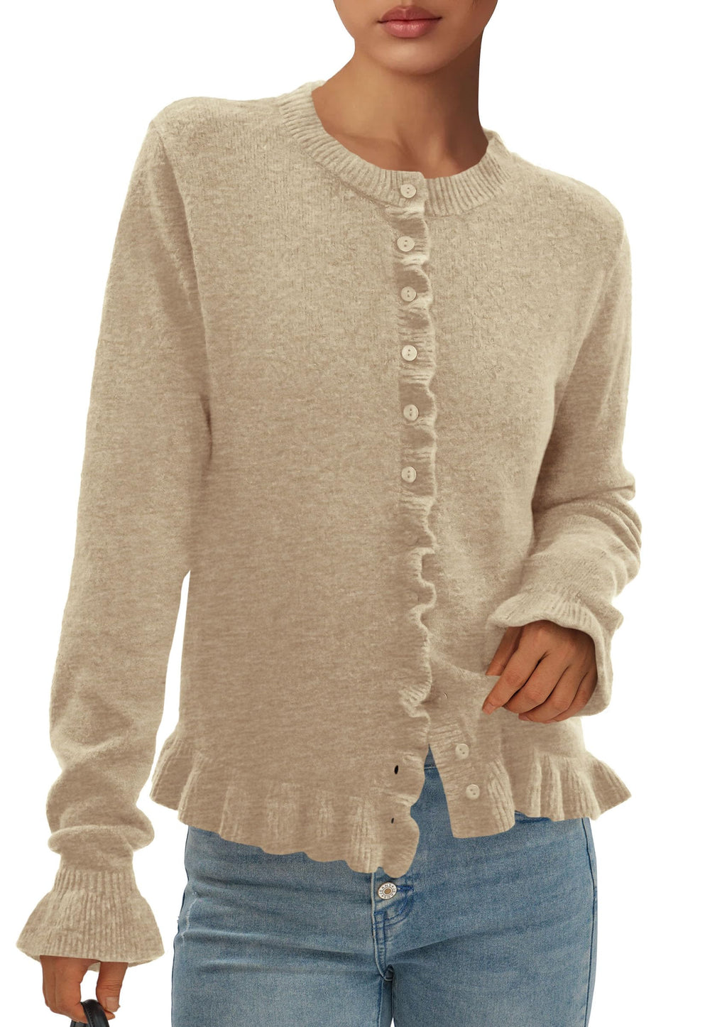 Womens Fall Button Down Cardigans Chunky Knit Ruffle Open Front Cropped Cardigan Sweaters Soft Long Sleeve Tops