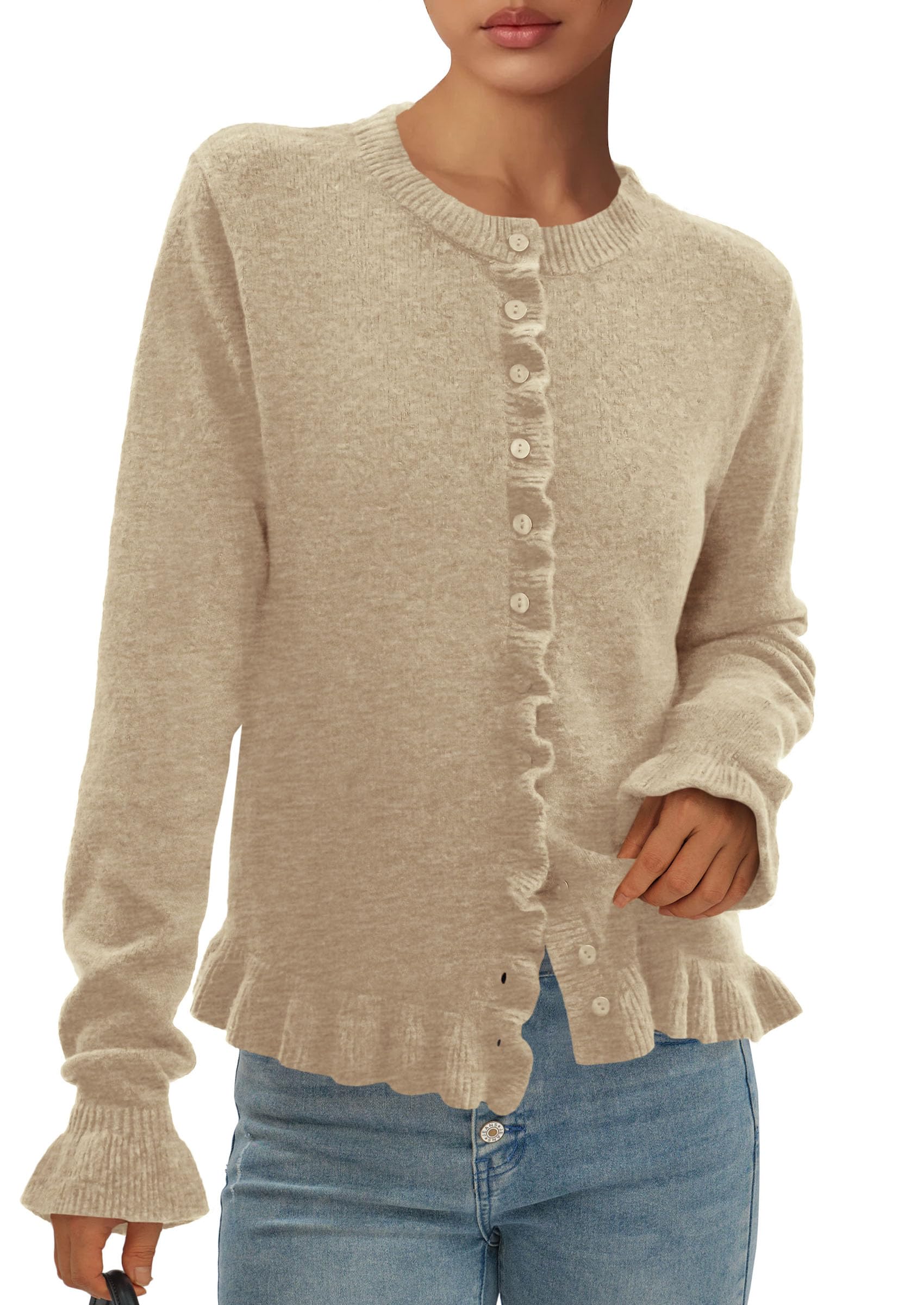 Womens Fall Button Down Cardigans Chunky Knit Ruffle Open Front Cropped Cardigan Sweaters Soft Long Sleeve Tops