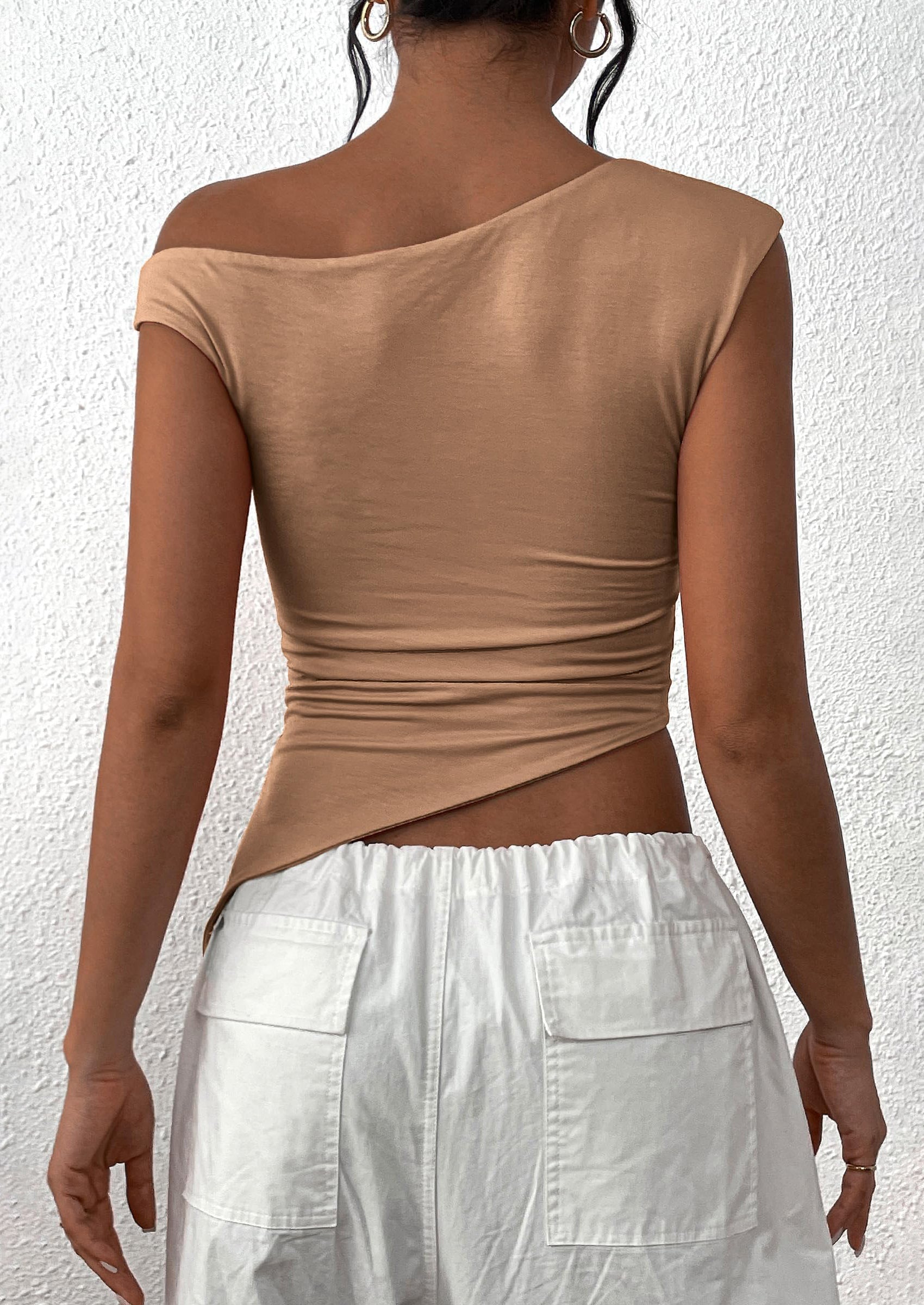 Womens Off The Shoulder Tops Summer Sleeveless One Shoulder Ruched Asymmetrical Y2K Going Out Crop Tank Top