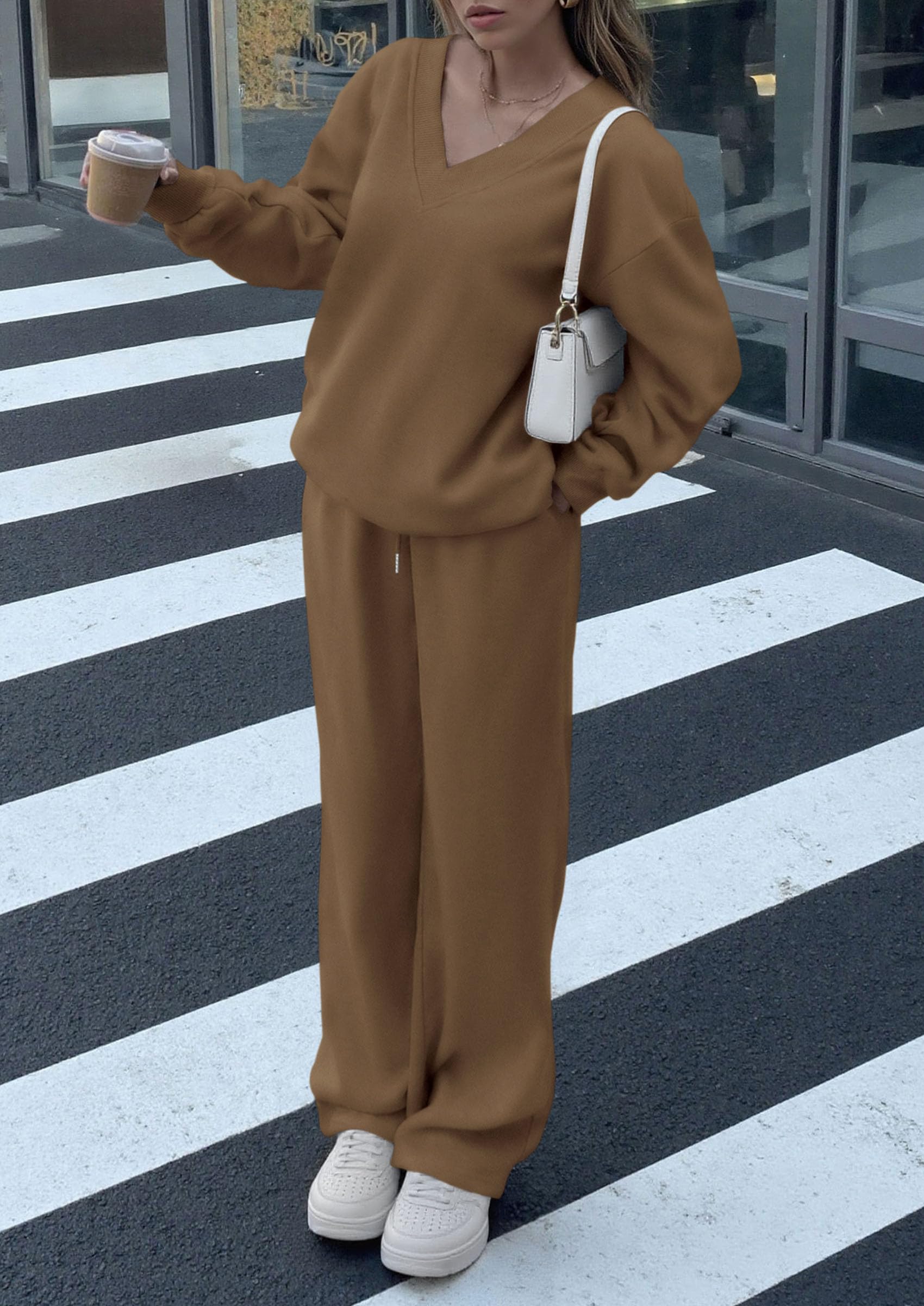 Casual Winter Two Piece Sets for Women V Neck Sweatshirt Loose Wide Leg Pants Tracksuit Knit Fall Outfits