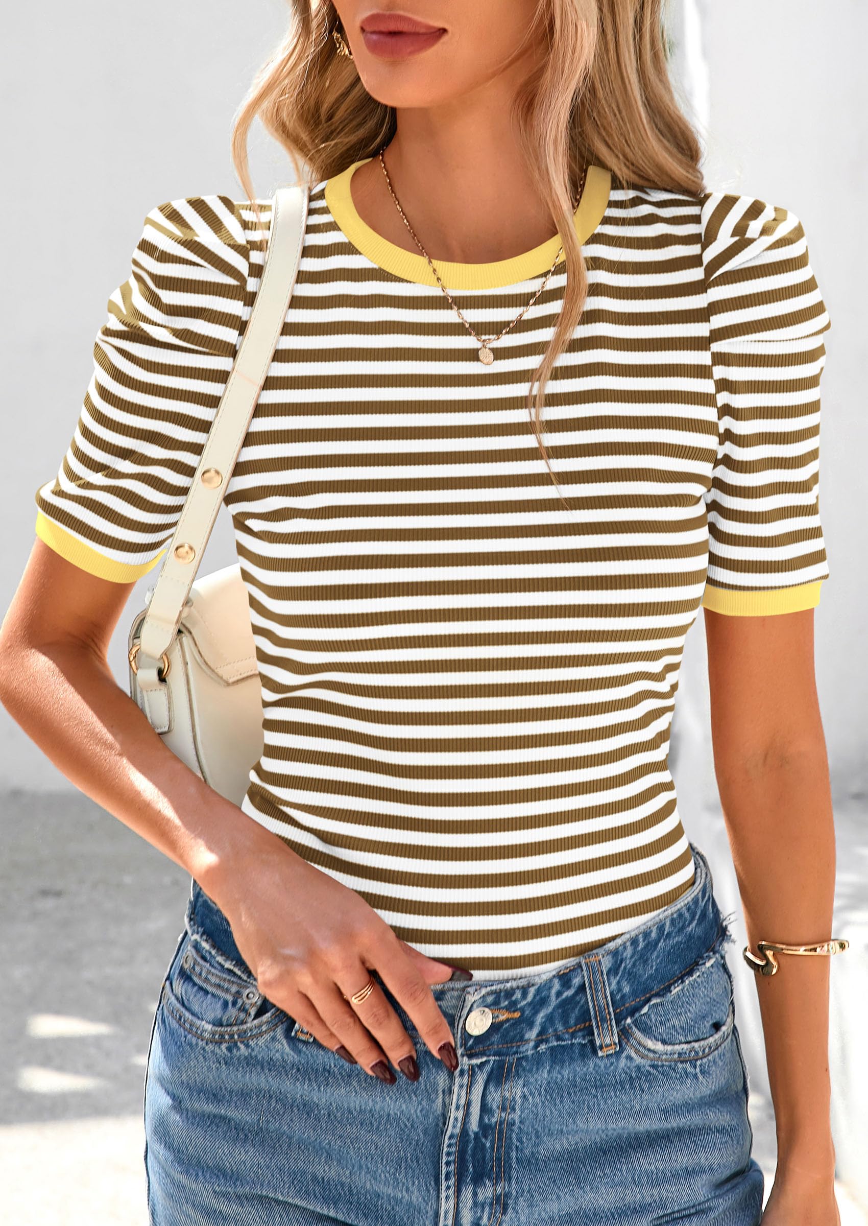 Women's Summer Puff Sleeve Tops Casual Ribbed Knit Crop Top Color Block Trendy Crewneck Striped Shirts