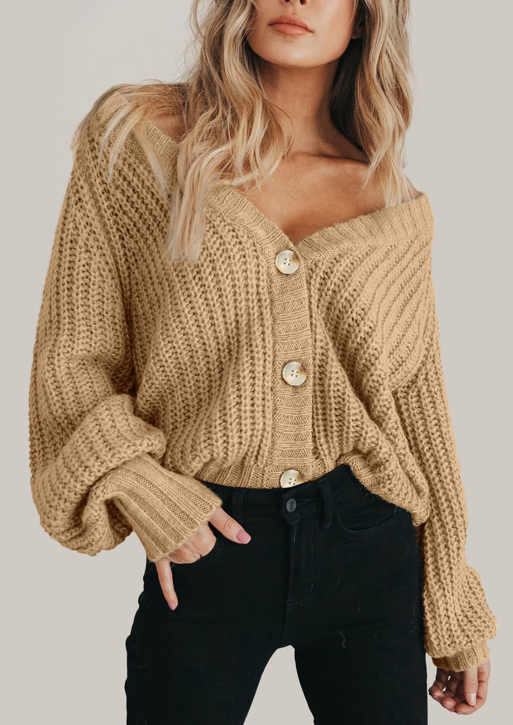 Women's Chunky Knit Open Front Sweater Long Sleeve Button Loose Short Cardigan Outerwear Coats