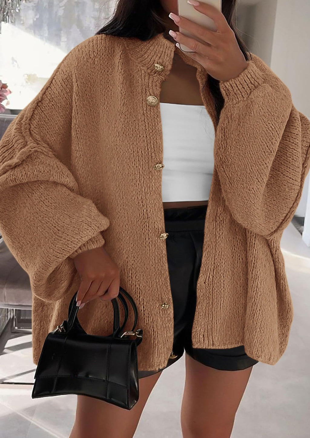 Women's Winter Button Down Cardigan Sweaters Mock Neck Lantern Long Sleeve Chunky Knit Jacket Trendy Outerwear