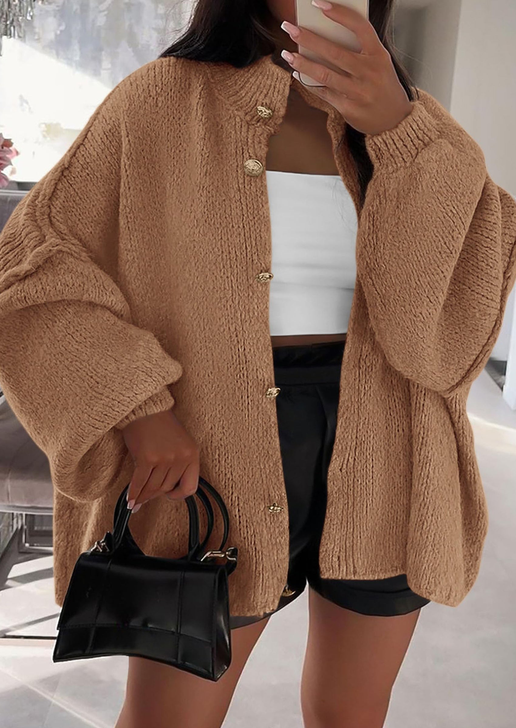 Women's Winter Button Down Cardigan Sweaters Mock Neck Lantern Long Sleeve Chunky Knit Jacket Trendy Outerwear