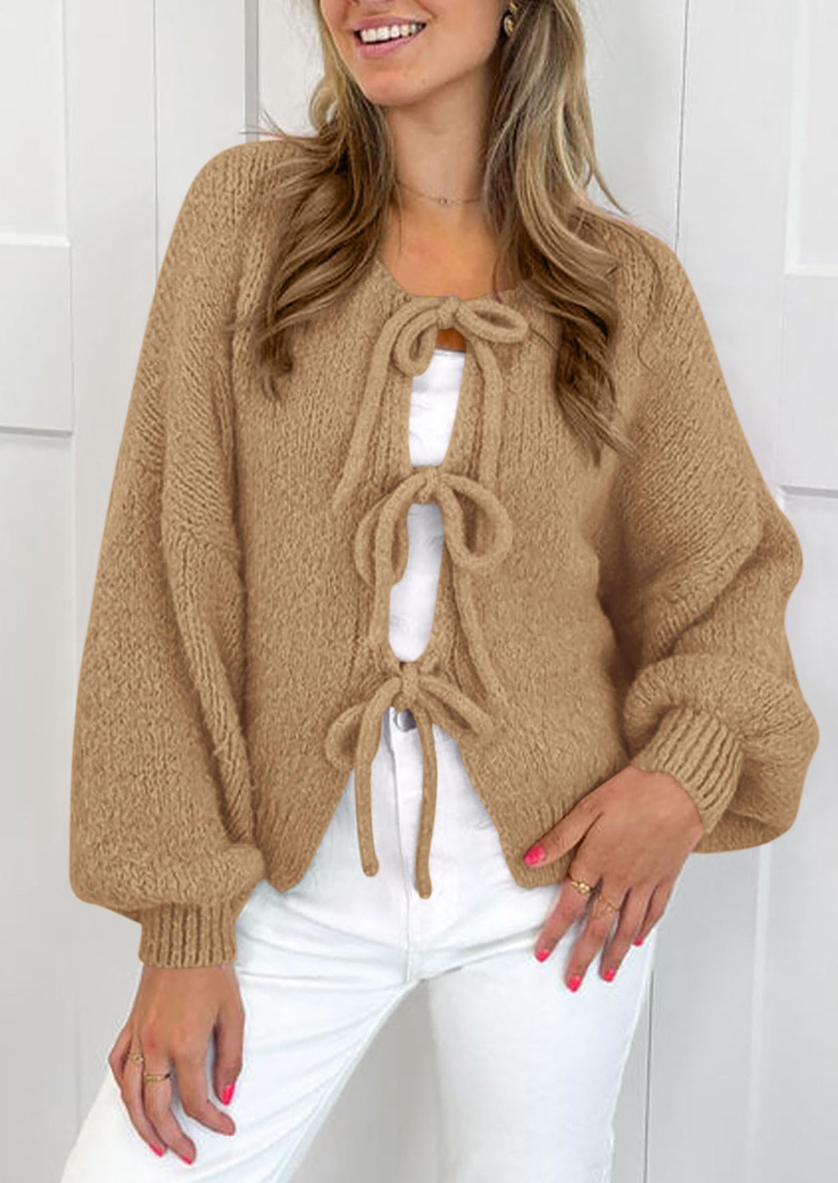 Women's Tie Front Bow Cardigan Sweaters Chunky Knit Long Puff Sleeve Trendy Fall Winter Jacket Coats