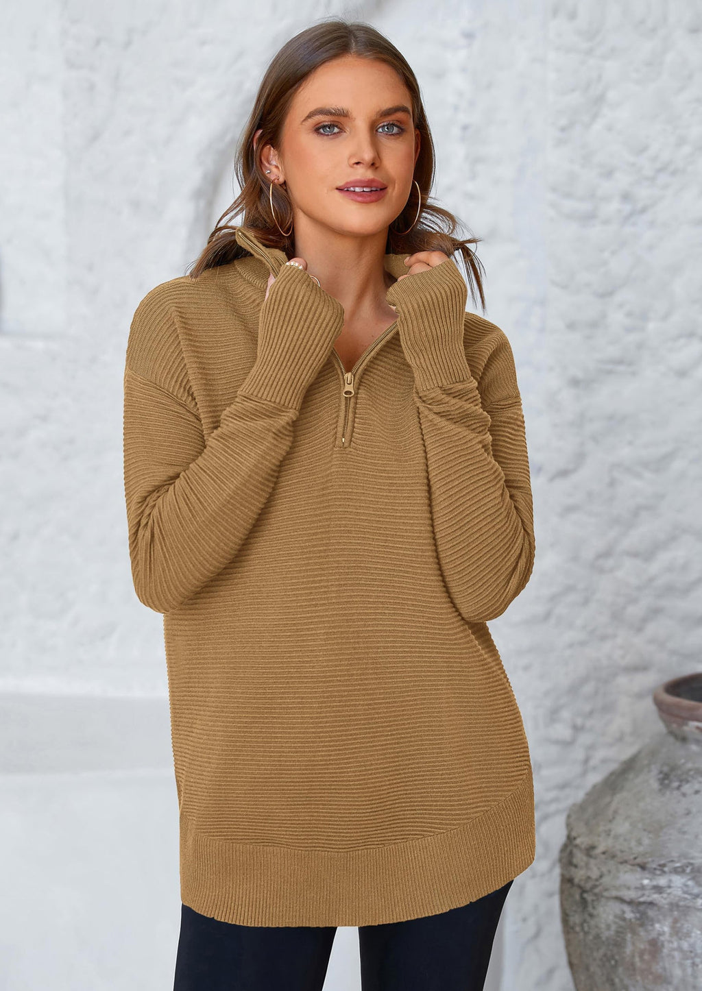 Womens Long Sleeve Quarter Zip Pullover Sweater Casual Loose V Neck Collared Ribbed Knit Jumper Tops Thumb Hole
