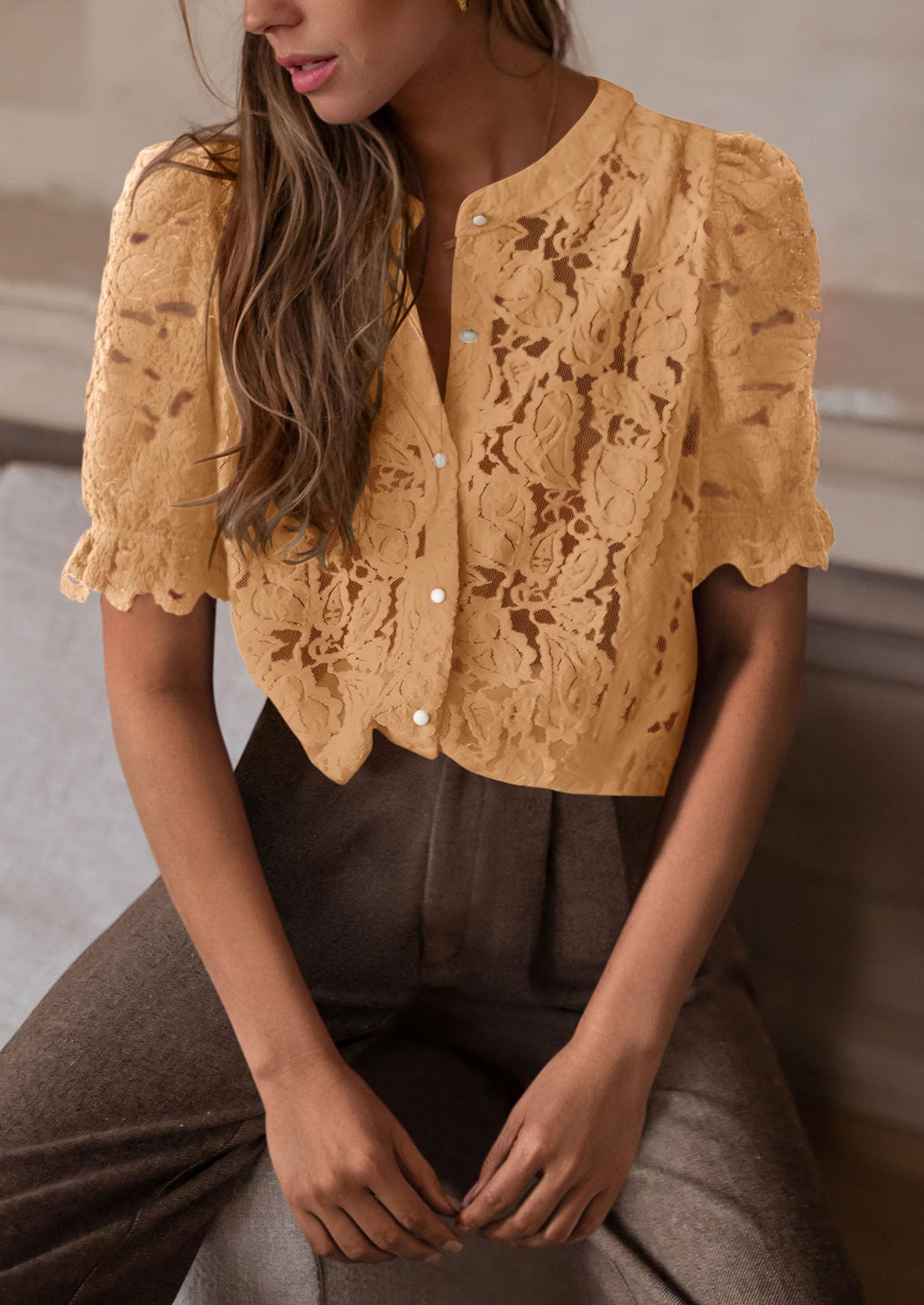 Womens Spring Lace Tops Short Puff Sleeve Casual Dressy Blouses Eyelet Crew Neck Button Down Shirts