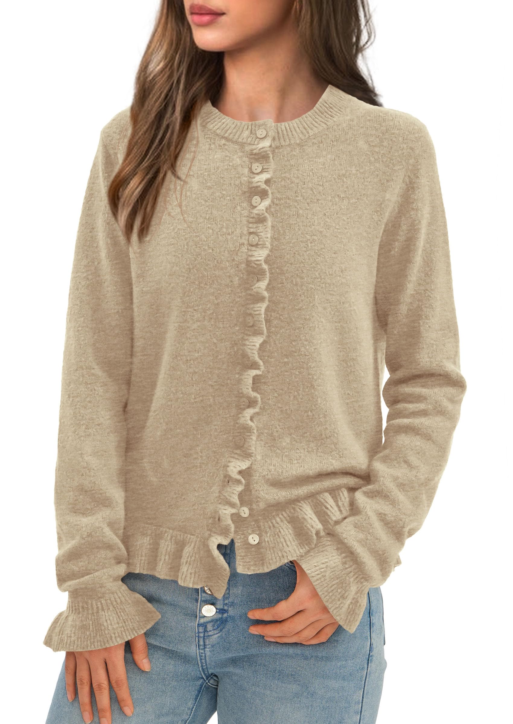 Womens Fall Button Down Cardigans Chunky Knit Ruffle Open Front Cropped Cardigan Sweaters Soft Long Sleeve Tops