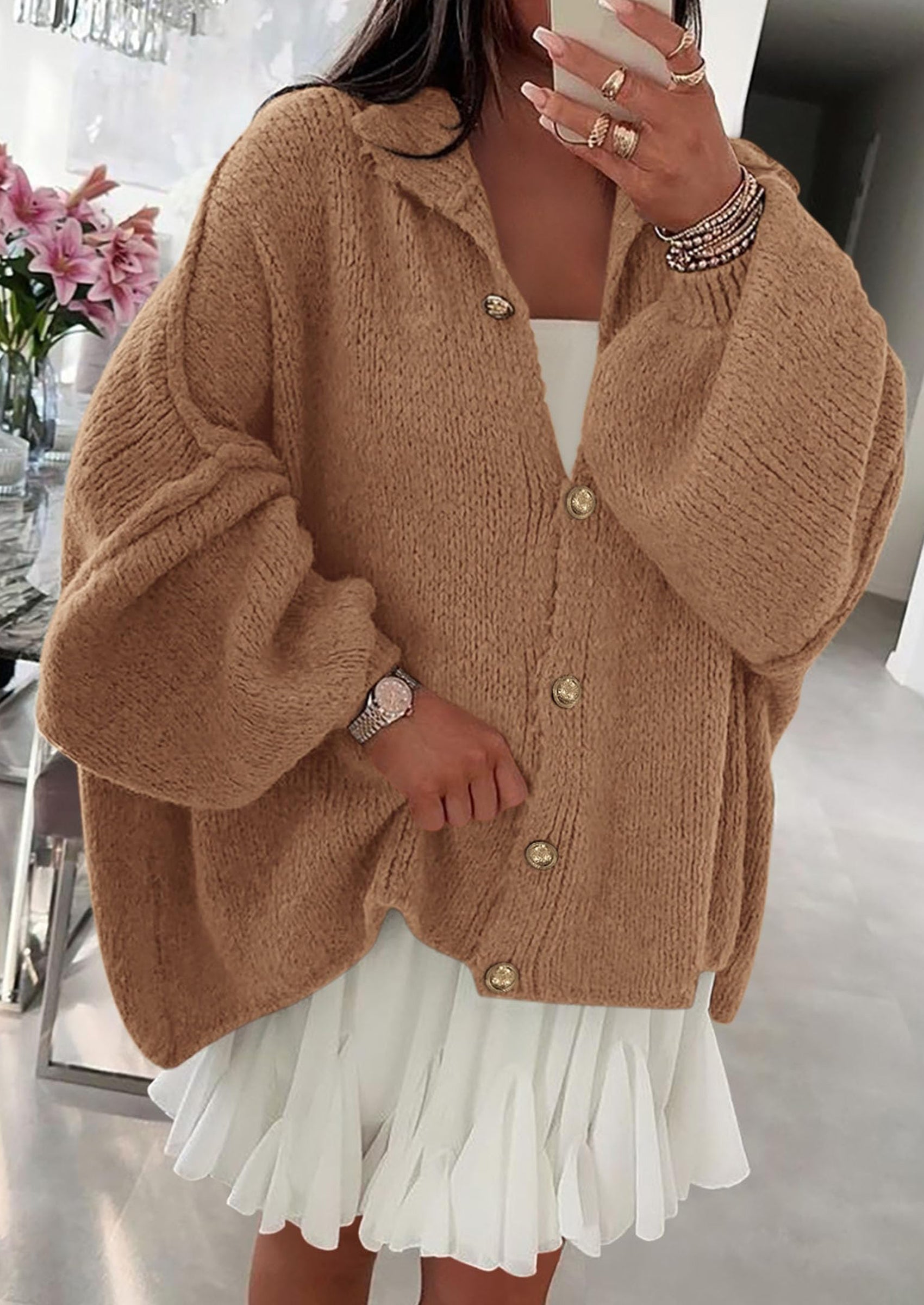 Women's Winter Button Down Cardigan Sweaters Mock Neck Lantern Long Sleeve Chunky Knit Jacket Trendy Outerwear