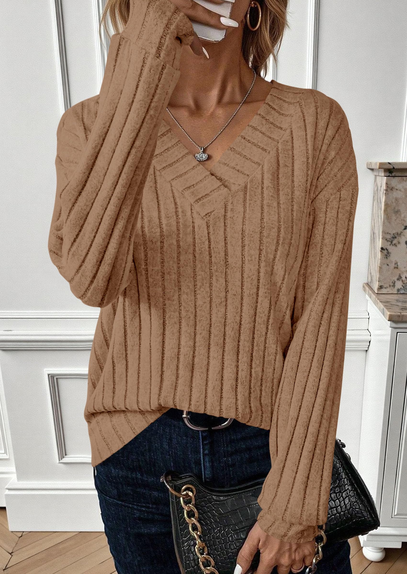 Fall Fashion Long Sleeve Shirts for Women Ribbed Knit V Neck Dressy Casual Lightweight Sweaters Tunic Tops