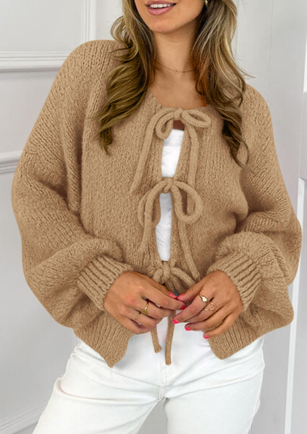 Women's Tie Front Bow Cardigan Sweaters Chunky Knit Long Puff Sleeve Trendy Fall Winter Jacket Coats