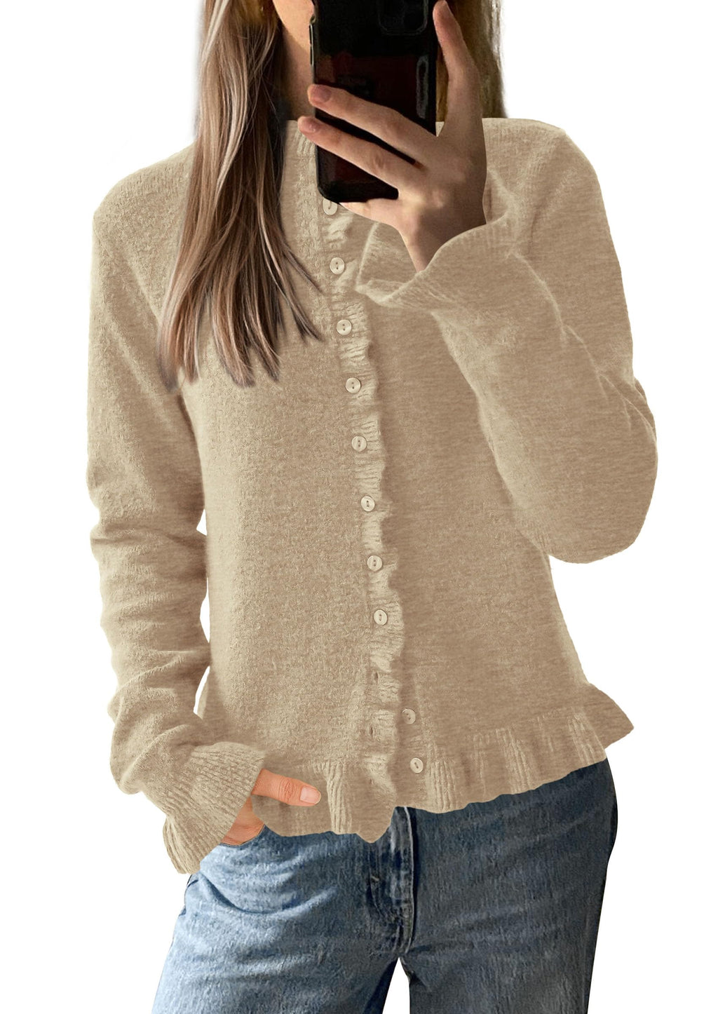 Womens Fall Button Down Cardigans Chunky Knit Ruffle Open Front Cropped Cardigan Sweaters Soft Long Sleeve Tops