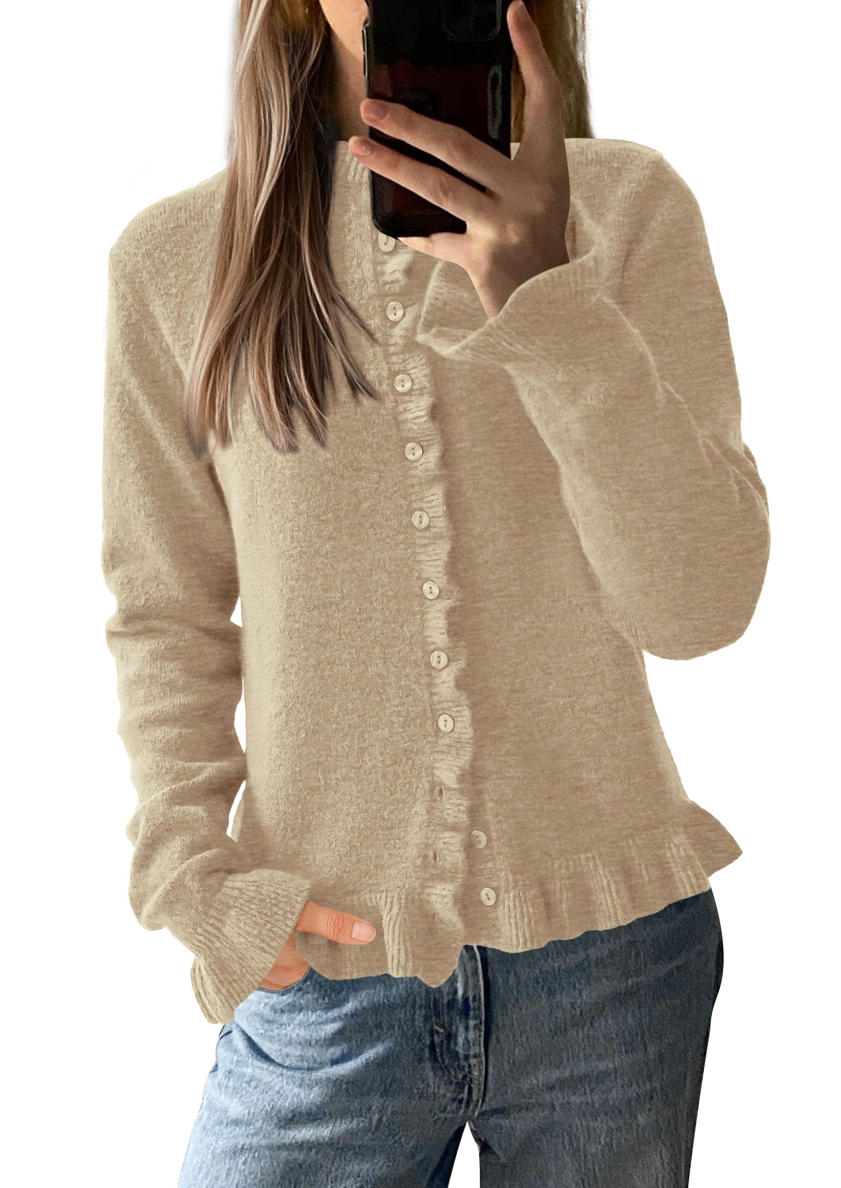 Womens Fall Button Down Cardigans Chunky Knit Ruffle Open Front Cropped Cardigan Sweaters Soft Long Sleeve Tops