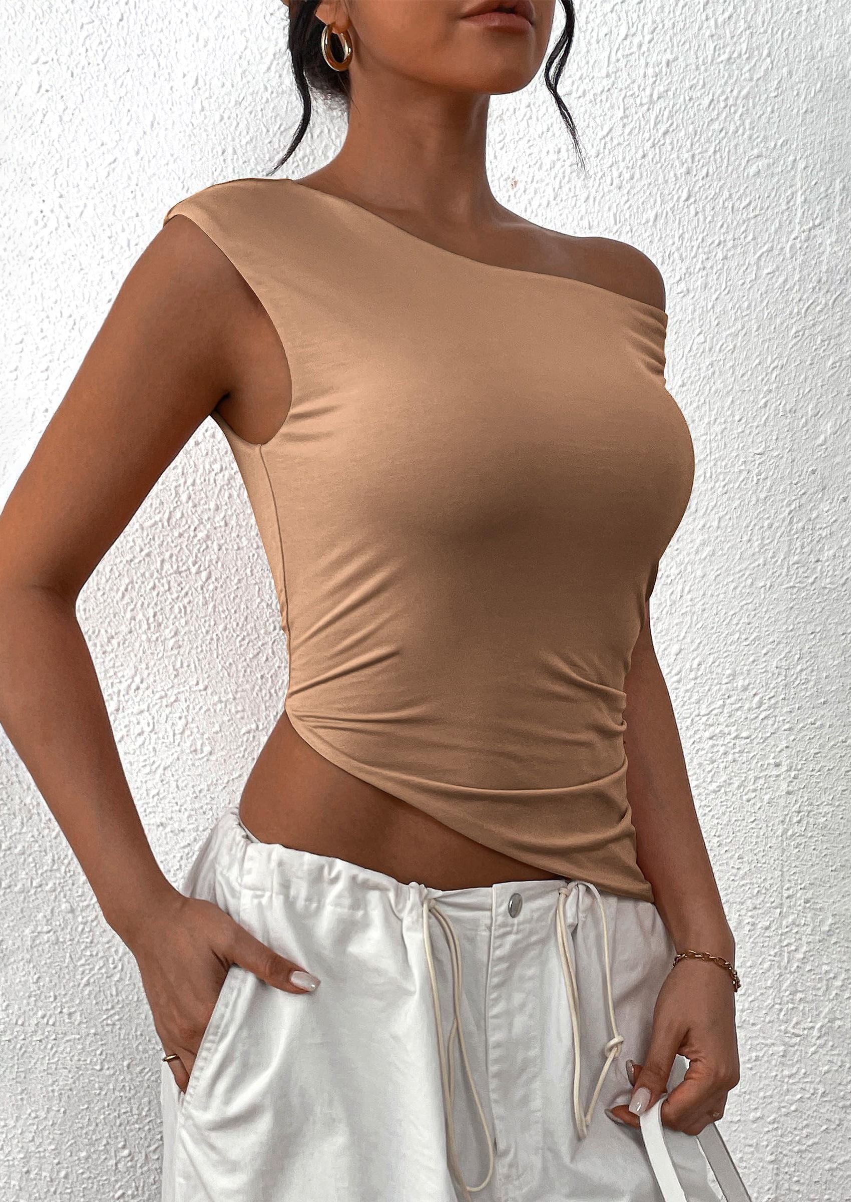 Womens Off The Shoulder Tops Summer Sleeveless One Shoulder Ruched Asymmetrical Y2K Going Out Crop Tank Top