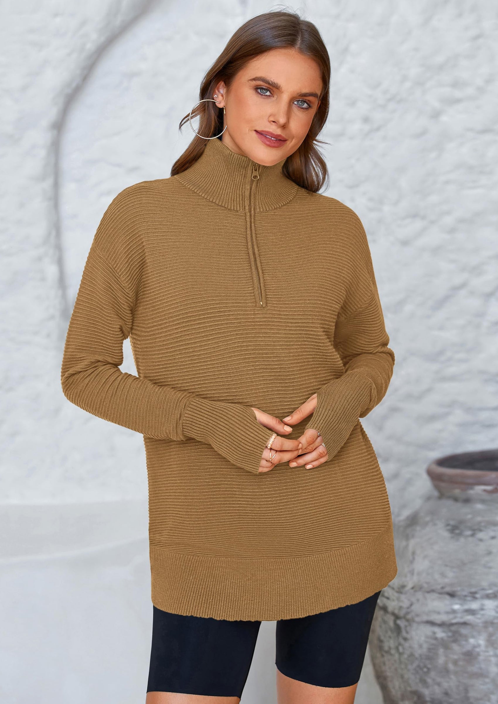 Womens Long Sleeve Quarter Zip Pullover Sweater Casual Loose V Neck Collared Ribbed Knit Jumper Tops Thumb Hole