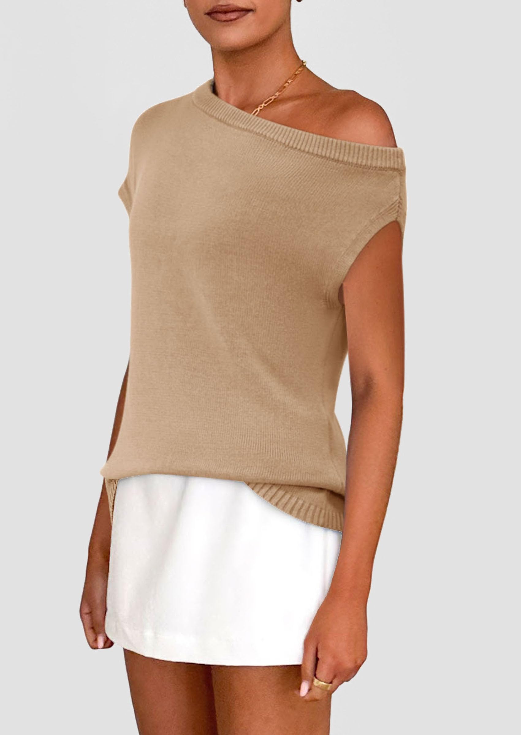 Womens Off The Shoulder Tops Summer Casual Short Sleeve Tunic T Shirts Lightweight Knit Sweaters